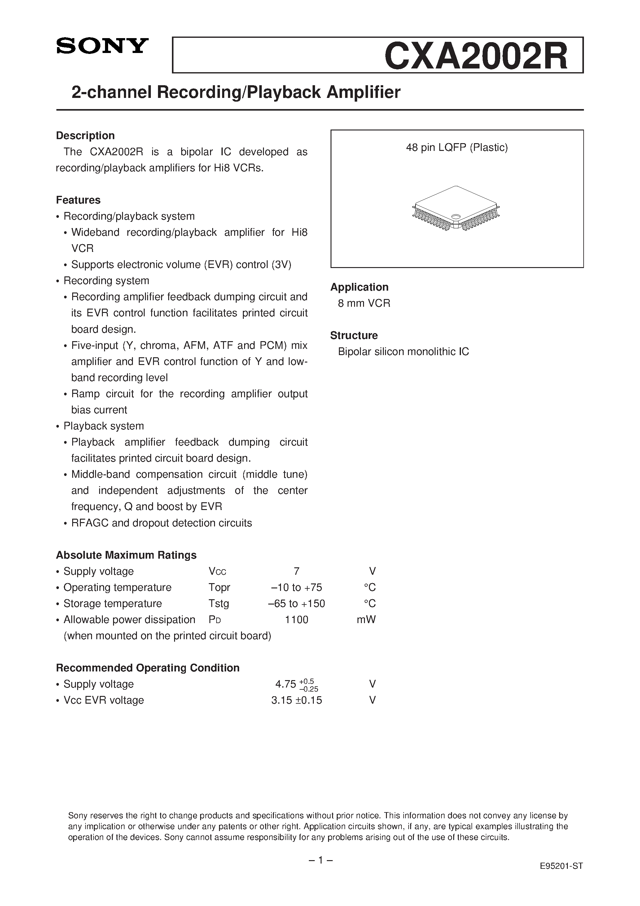 Datasheet CXA2002 - 2-channel Recording/Playback Amplifier page 1