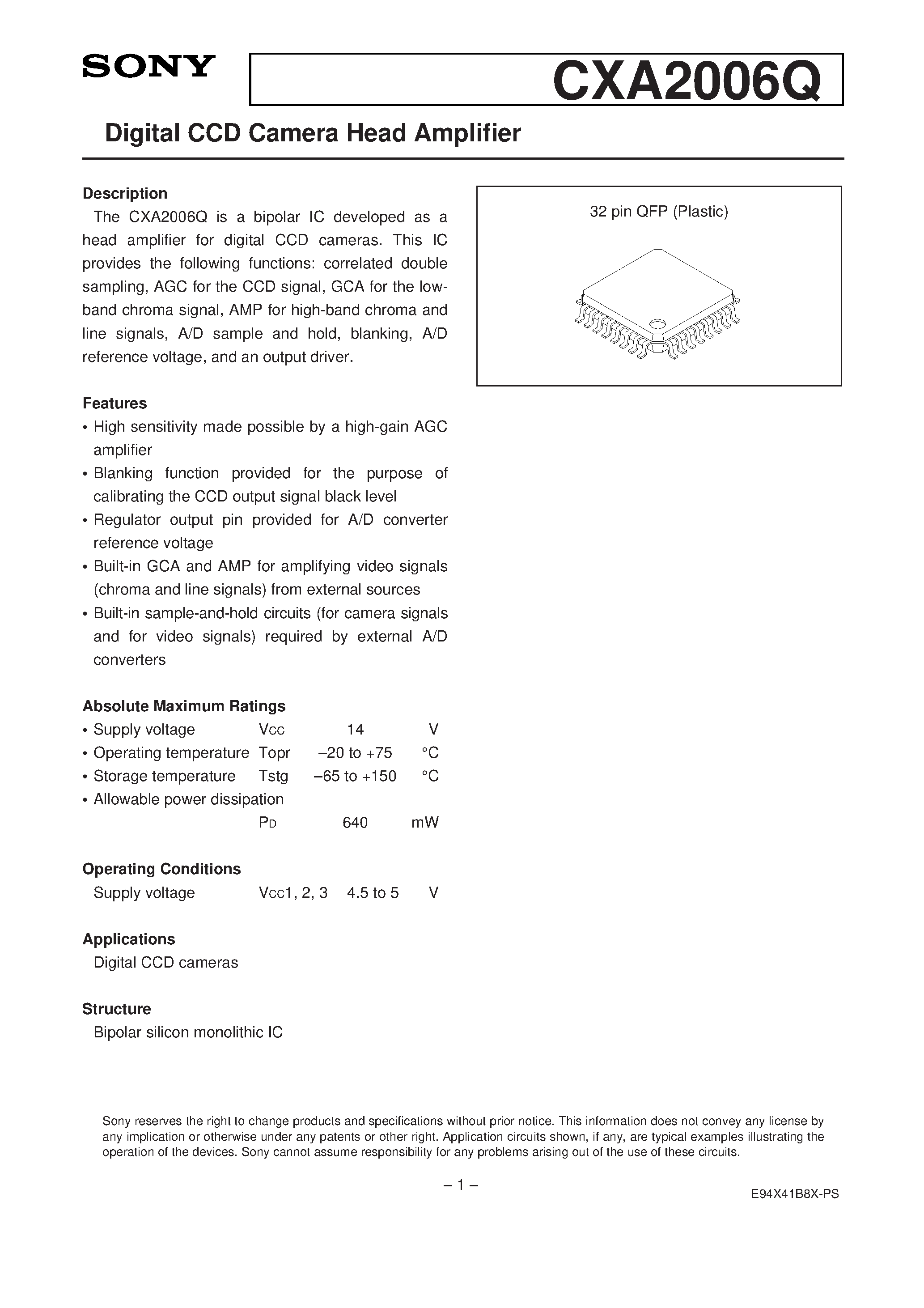 Datasheet CXA2006 - Digital CCD Camera Head Amplifier page 1