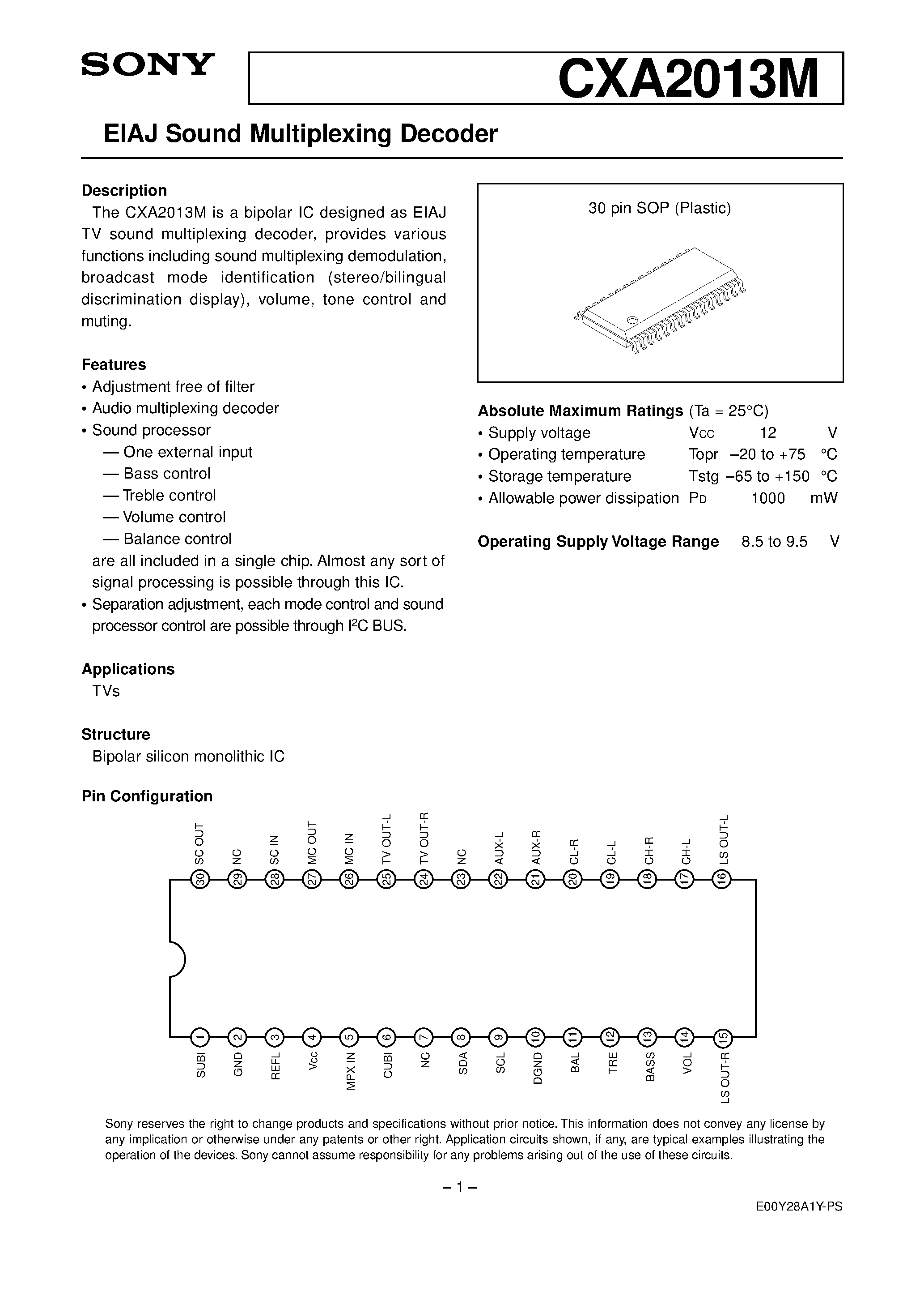 Datasheet CXA2013 - EIAJ Sound Multiplexing Decoder page 1