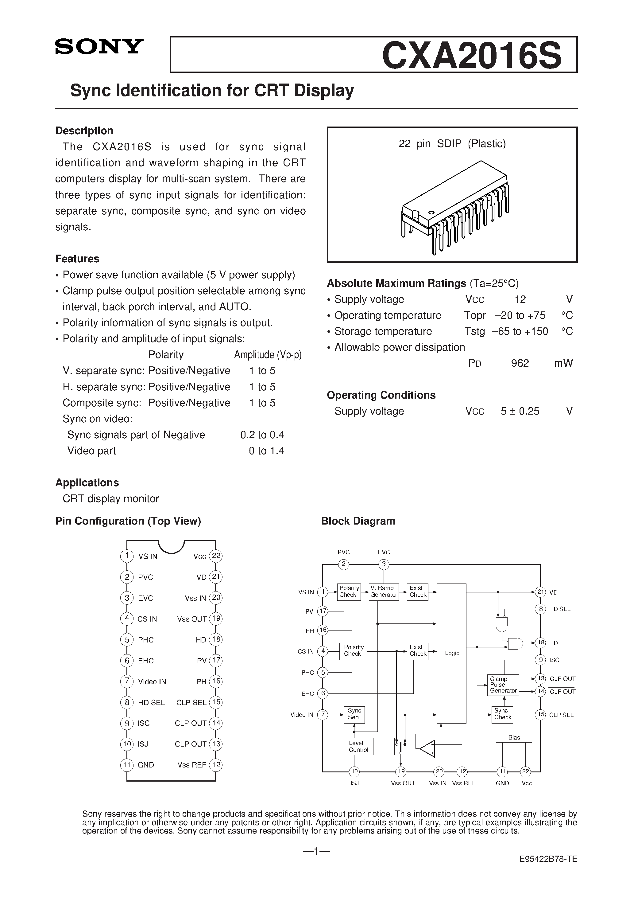 Datasheet CXA2016S - Sync Identification for CRT Display page 1