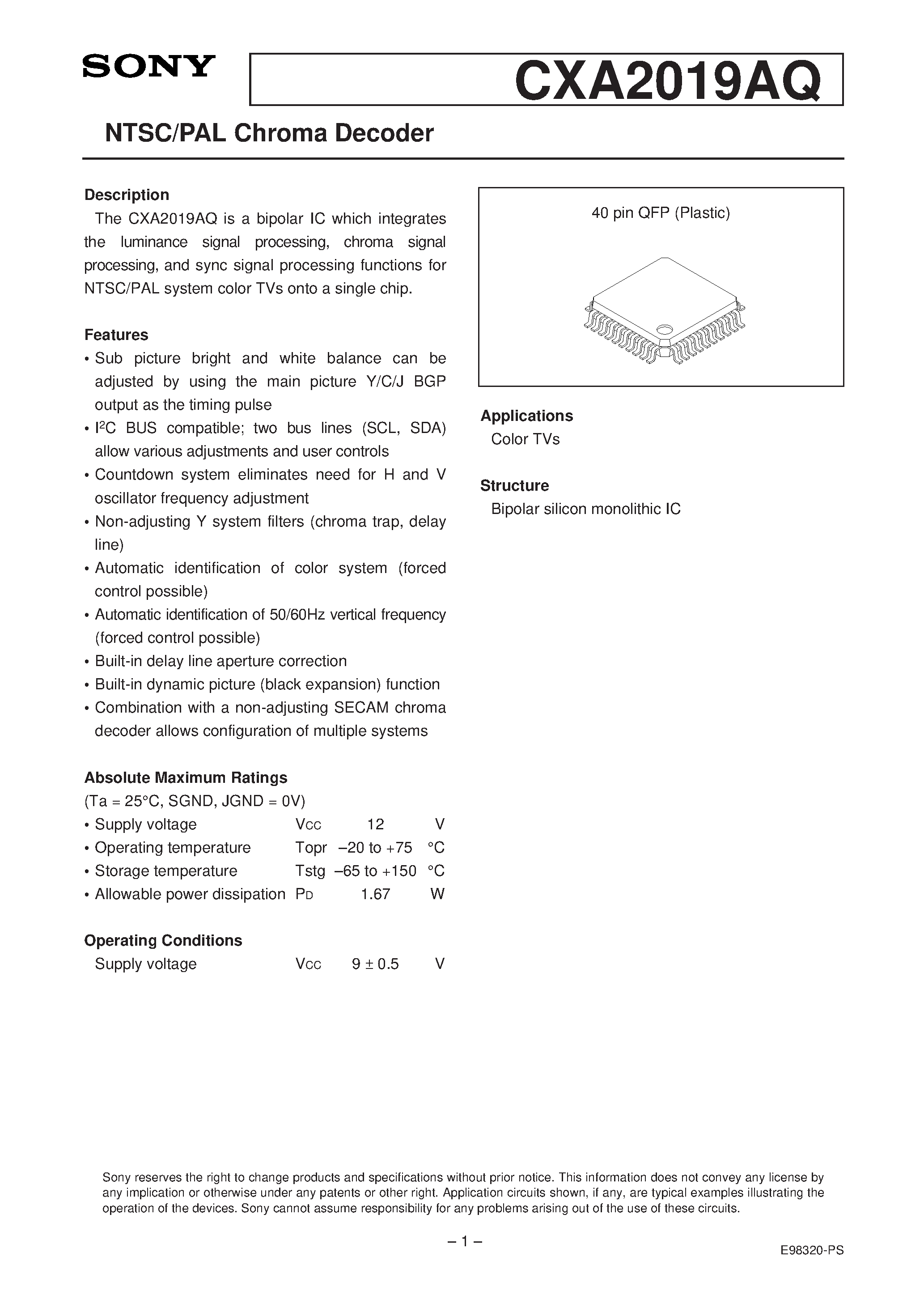 Datasheet CXA2019AQ - NTSC/PAL Chroma Decoder page 1