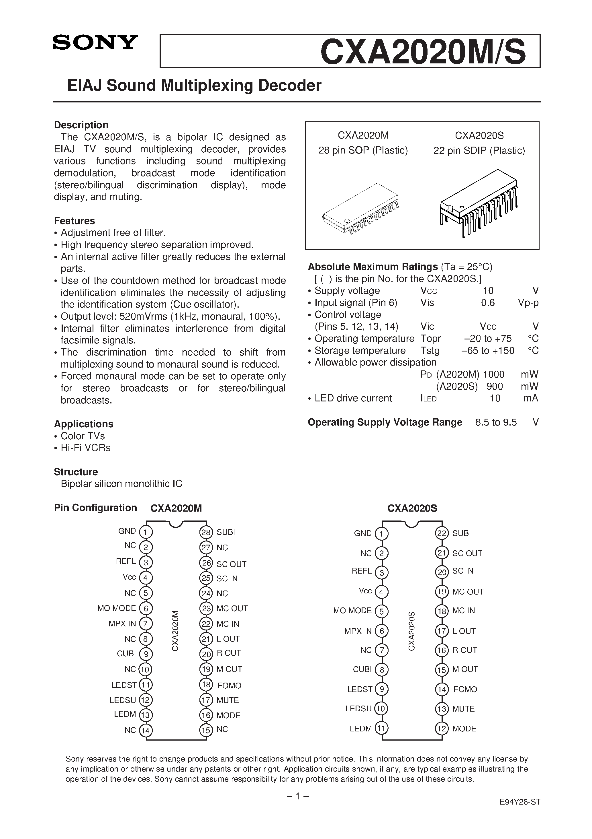 Datasheet CXA2020M - EIAJ Sound Multiplexing Decoder page 1