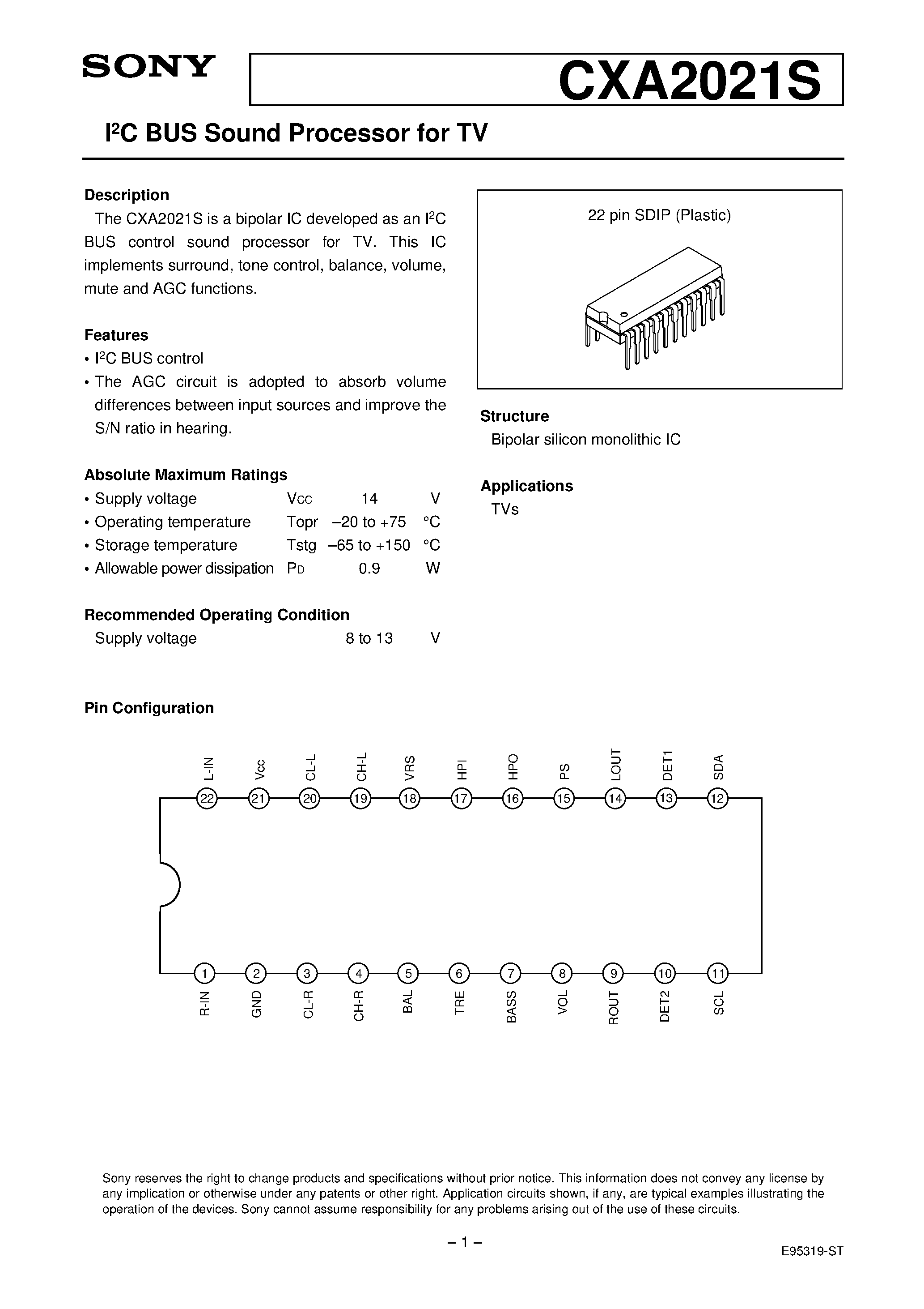 Datasheet CXA2021 - I2C BUS Sound Processor for TV page 1