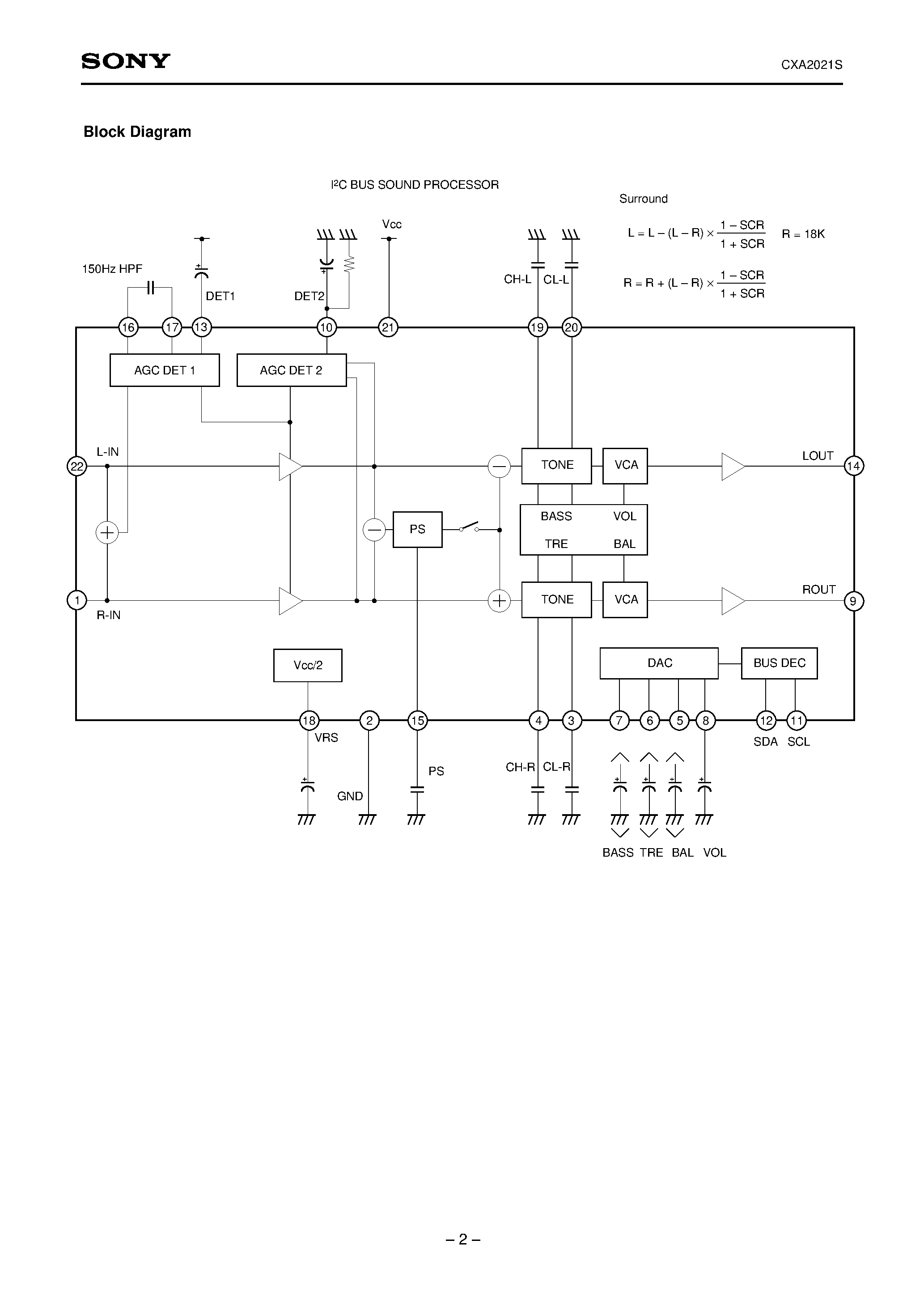 Datasheet CXA2021 - I2C BUS Sound Processor for TV page 2