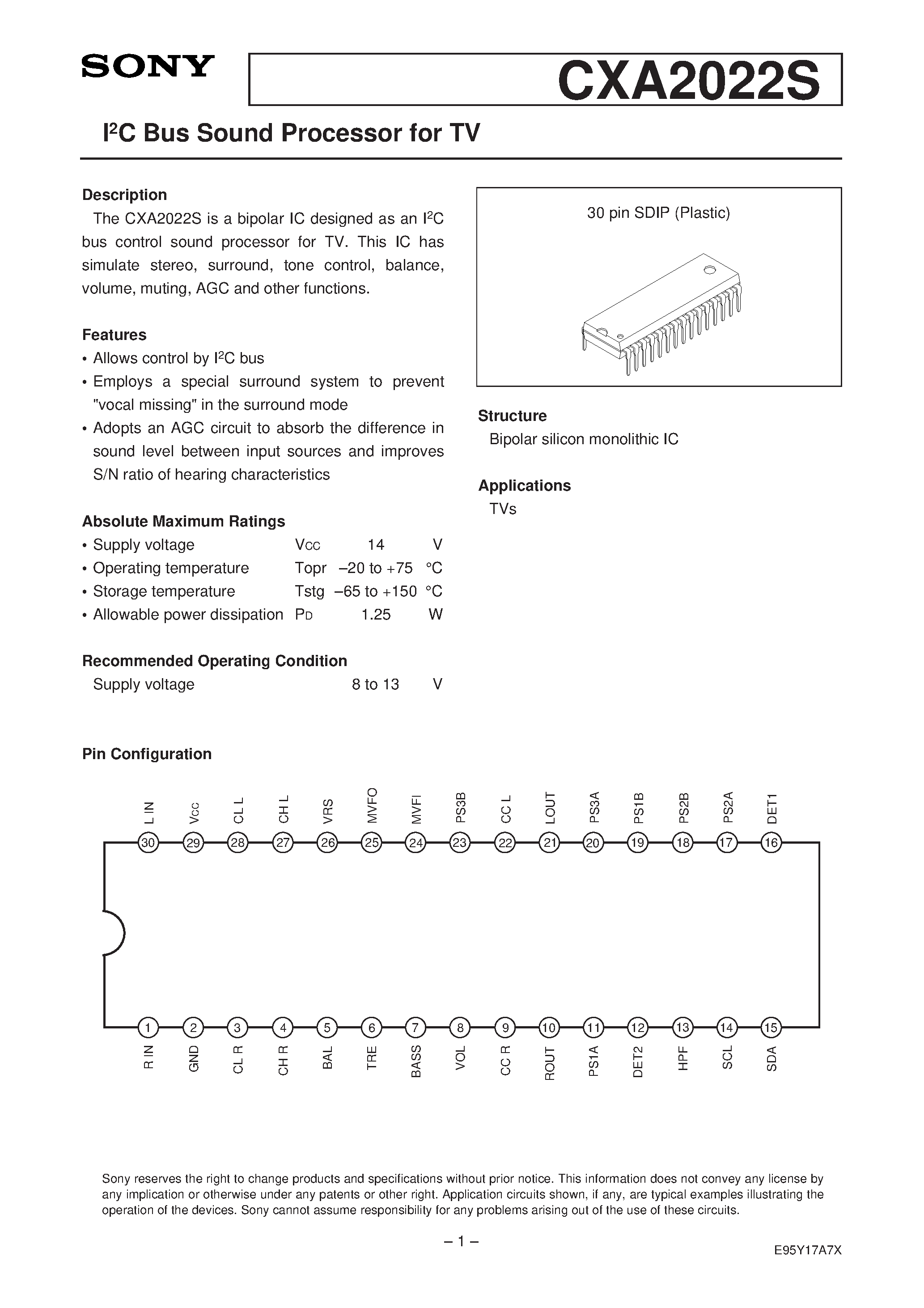 Datasheet CXA2022 - I2C Bus Sound Processor for TV page 1