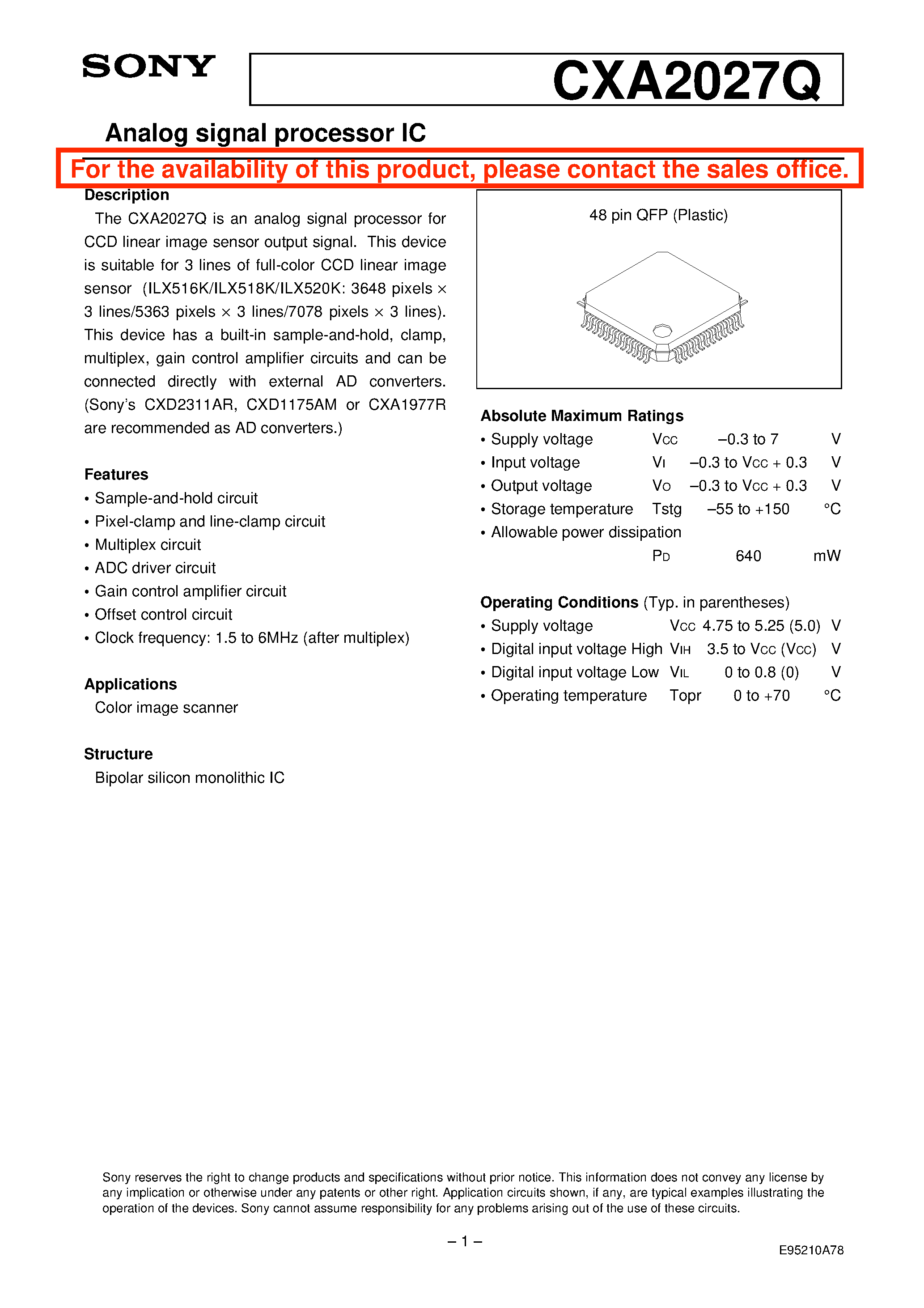 Datasheet CXA2027 - Analog signal processor IC page 1