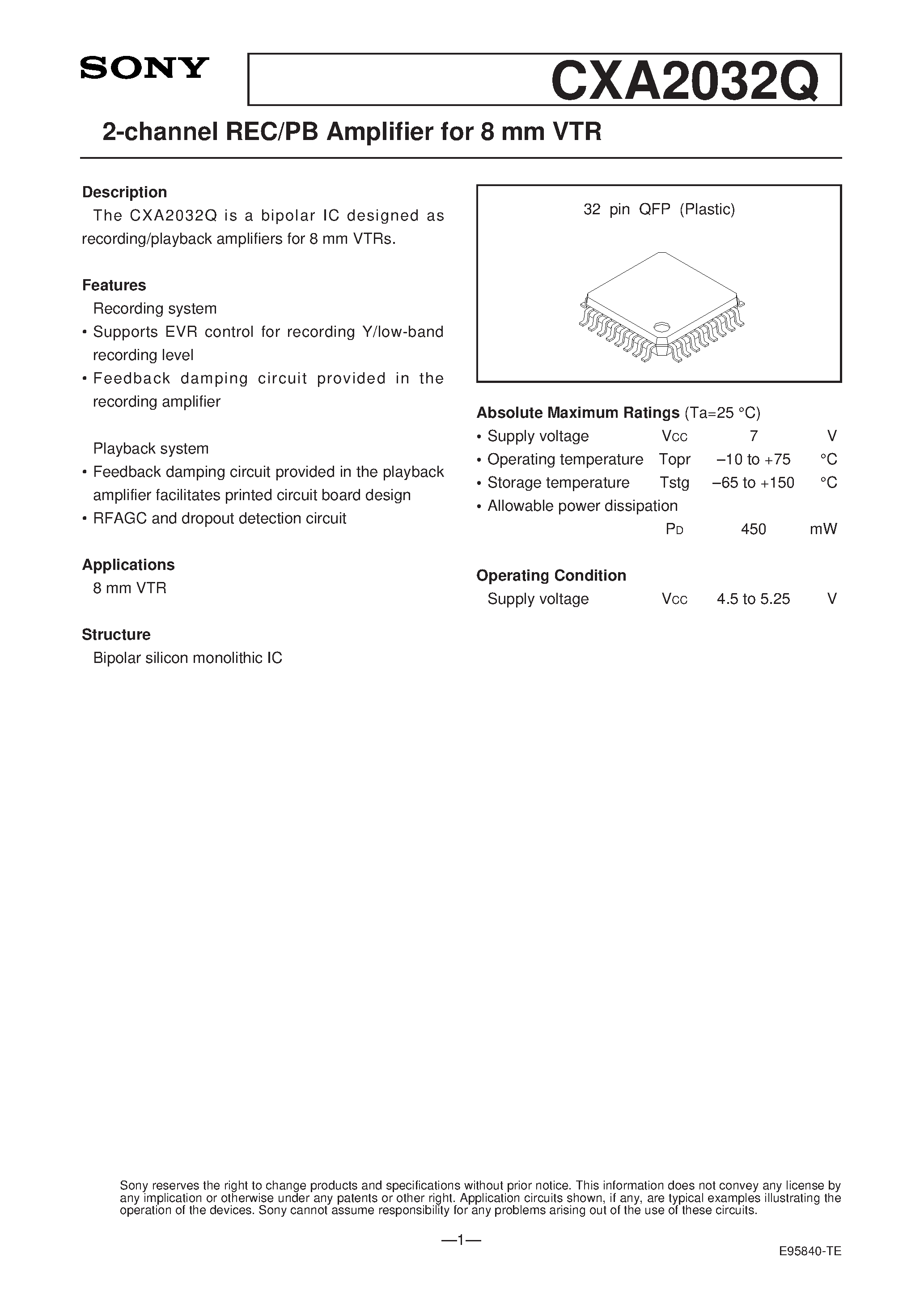 Datasheet CXA2032Q - 2-channel REC/PB Amplifier for 8 mm VTR page 1