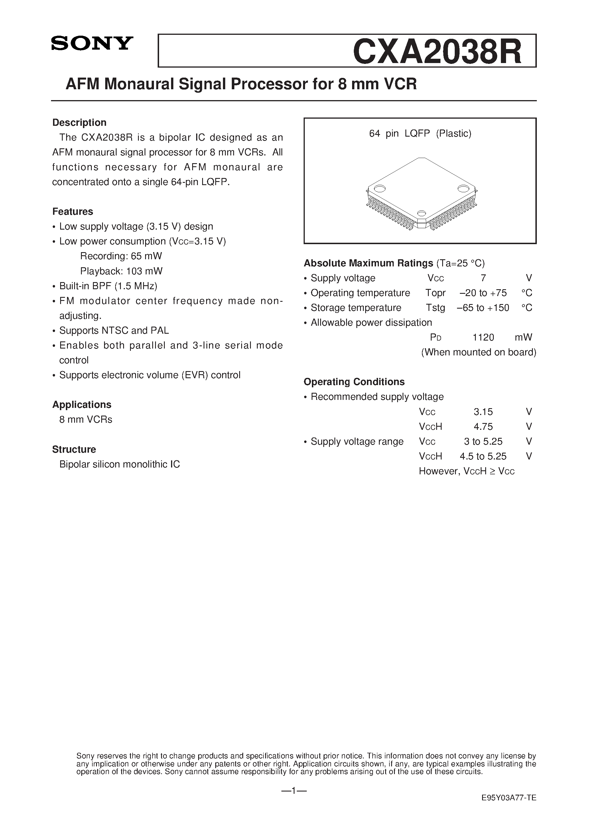 Datasheet CXA2038R - AFM Monaural Signal Processor for 8 mm VCR page 1