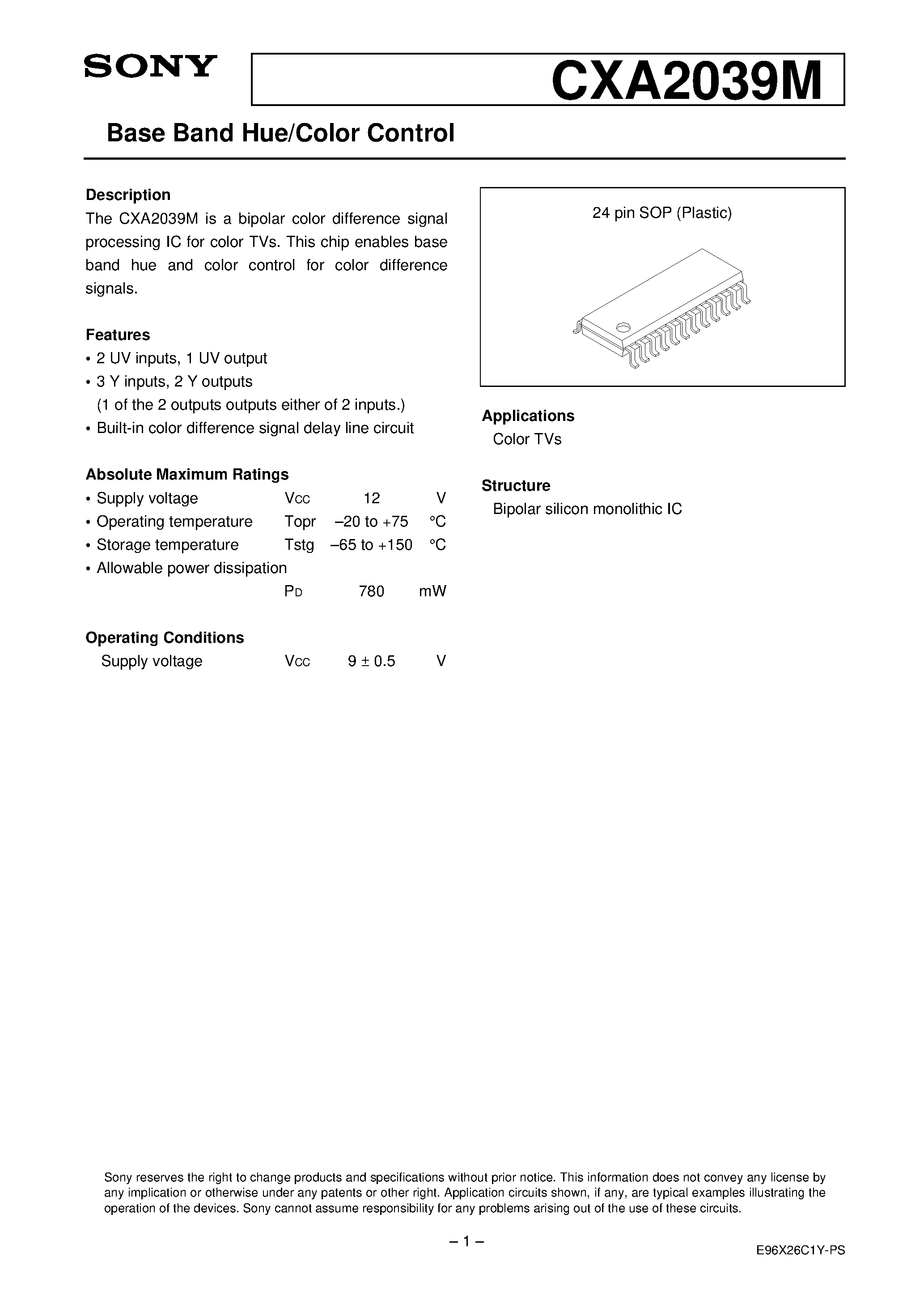 Datasheet CXA2039M - Base Band Hue/Color Control page 1