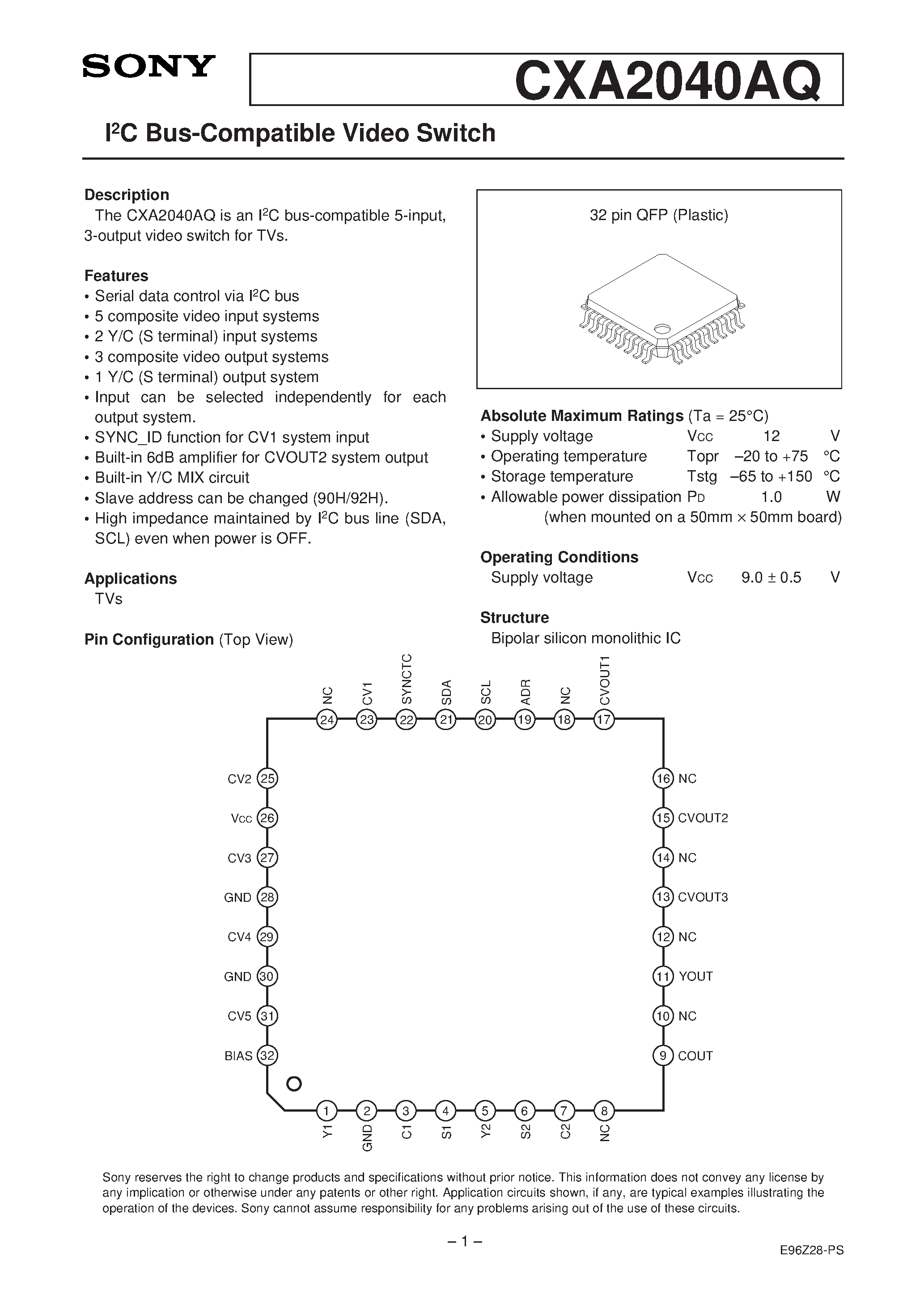 Datasheet CXA2040 - I2C Bus-Compatible Video Switch page 1