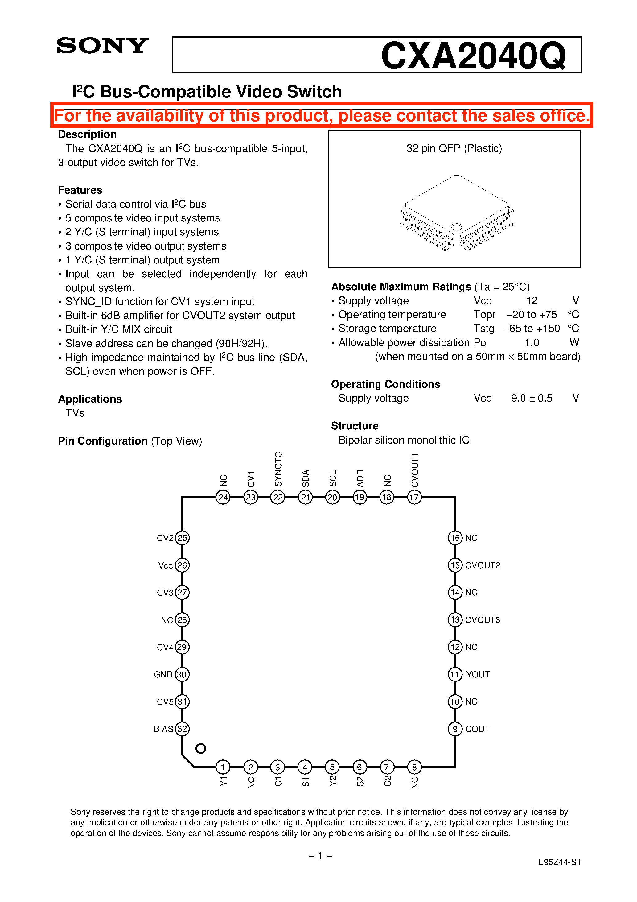 Datasheet CXA2040Q - I2C Bus-Compatible Video Switch page 1