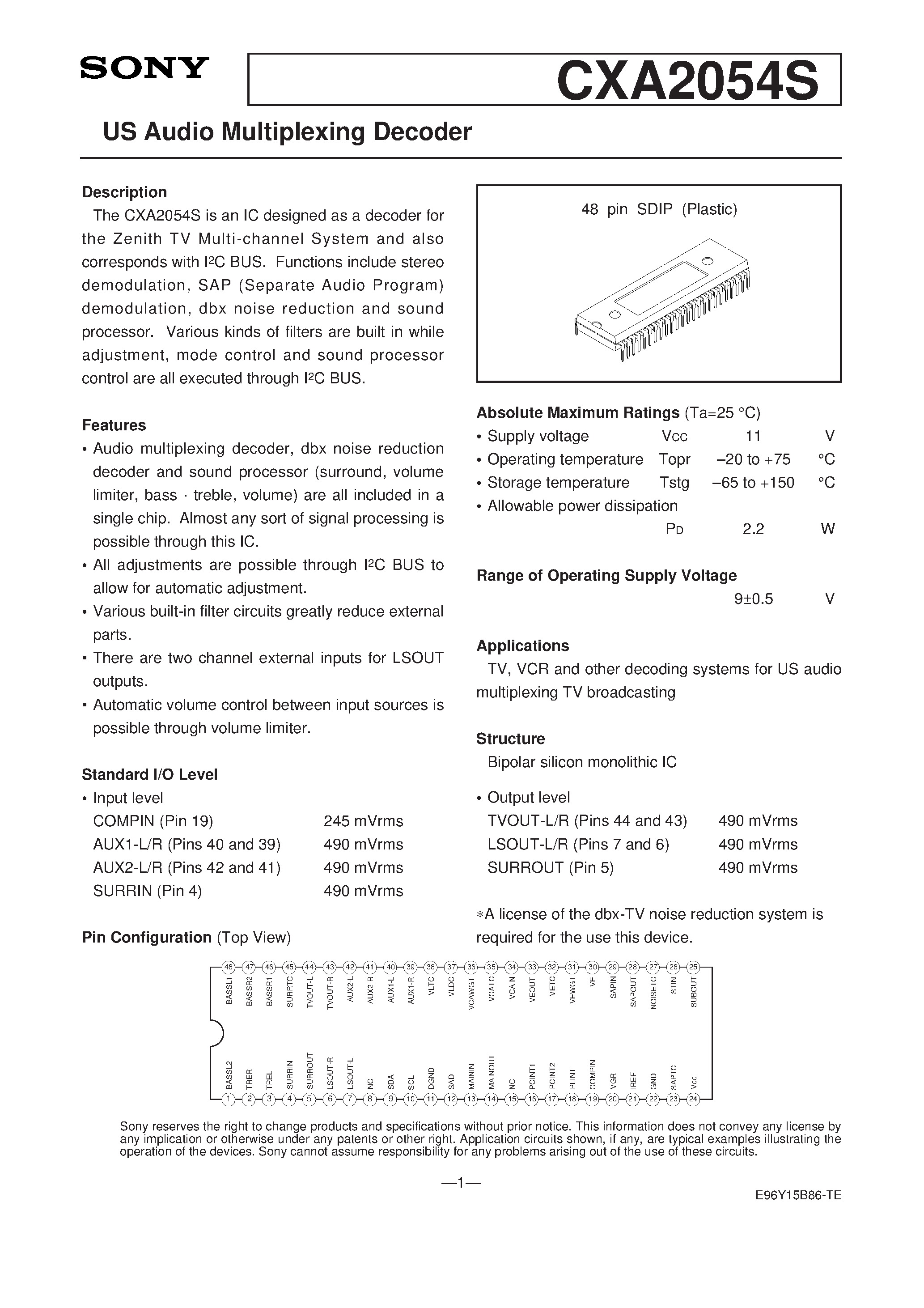 Datasheet CXA2054S - US Audio Multiplexing Decoder page 1