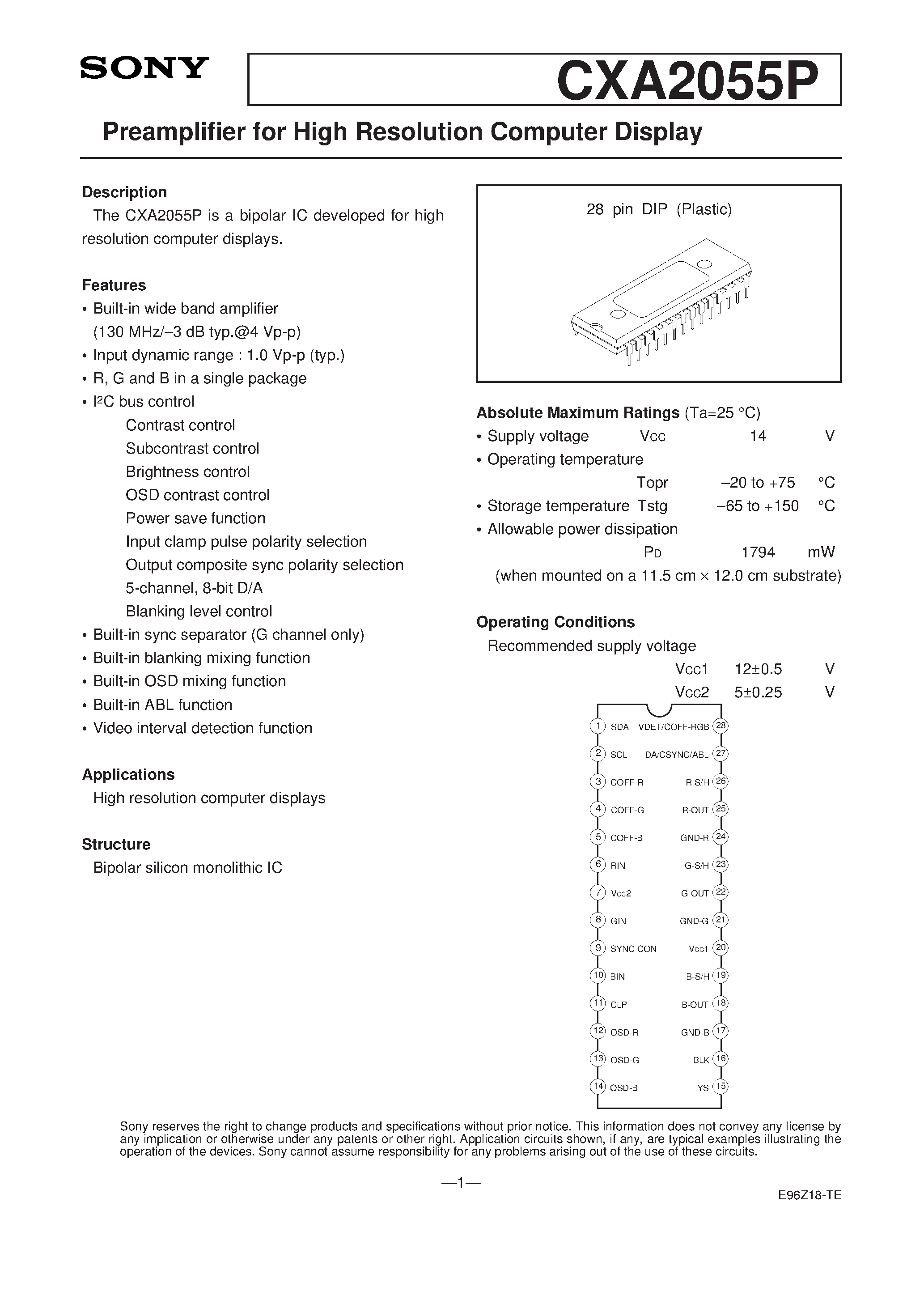 Datasheet CXA2055P - Preamplifier for High Resolution Computer Display page 1