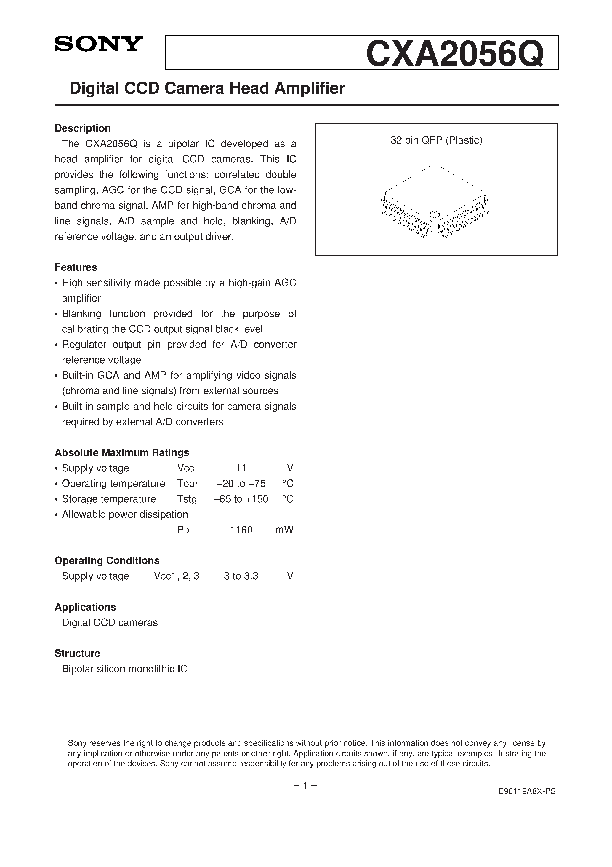 Datasheet CXA2056Q - Digital CCD Camera Head Amplifier page 1