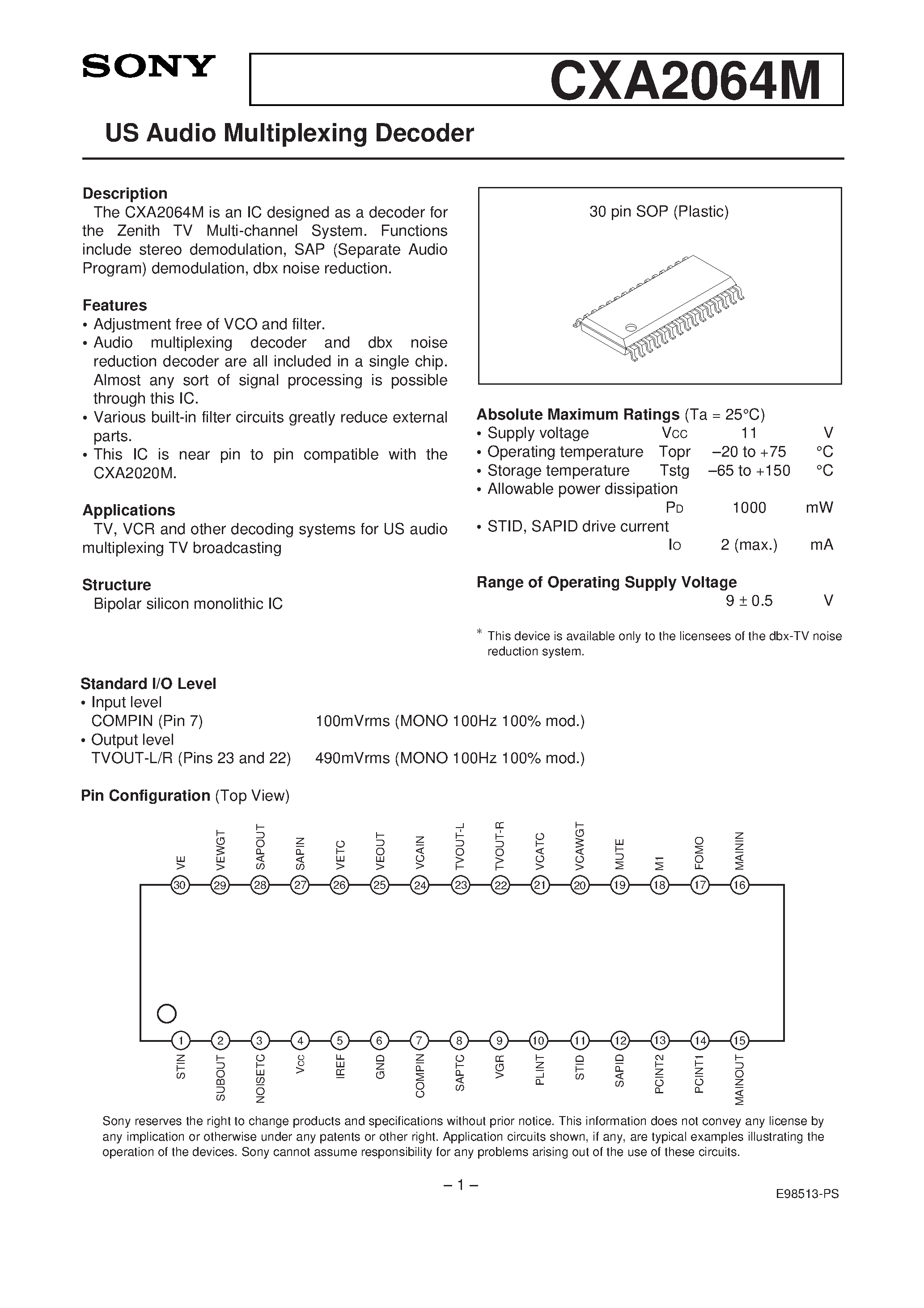 Datasheet CXA2064 - US Audio Multiplexing Decoder page 1