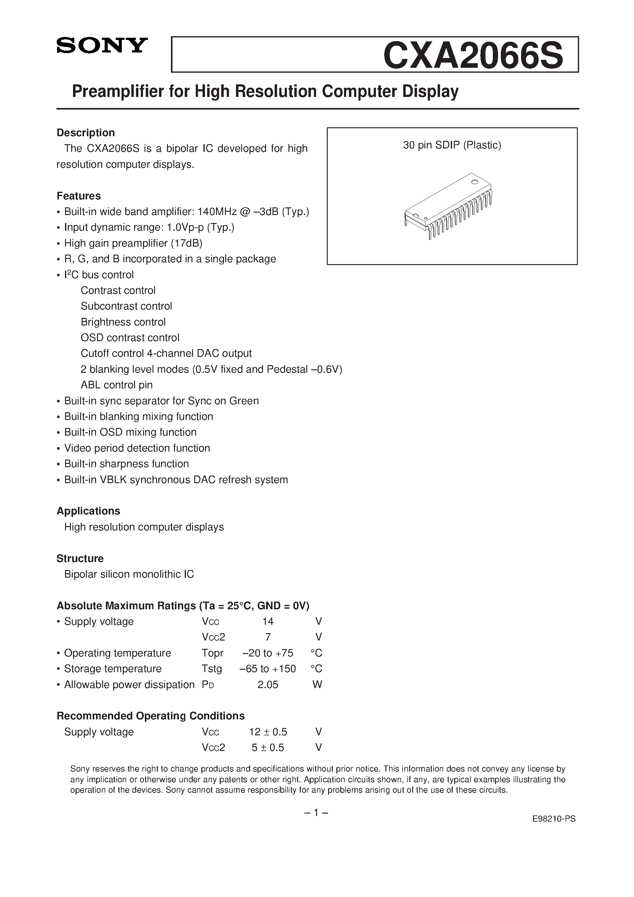 Datasheet CXA2066 - Preamplifier for High Resolution Computer Display page 1