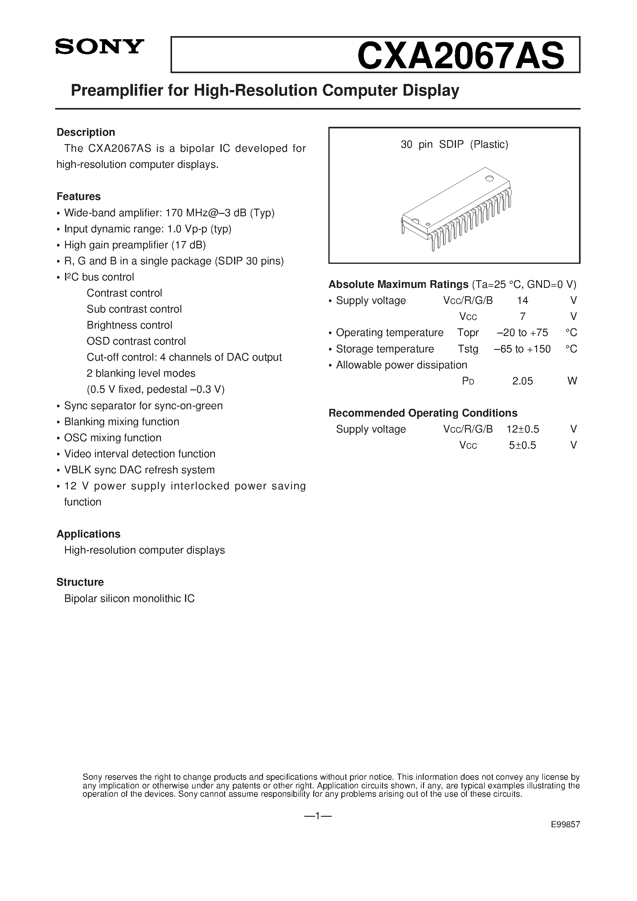 Datasheet CXA2067 - Preamplifier for High-Resolution Computer Display page 1