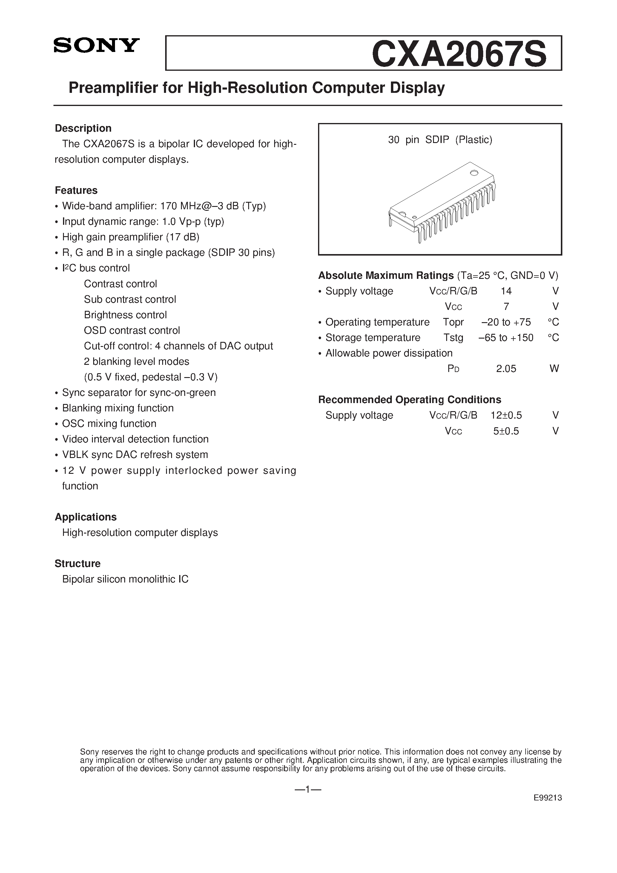 Datasheet CXA2067S - Preamplifier for High-Resolution Computer Display page 1