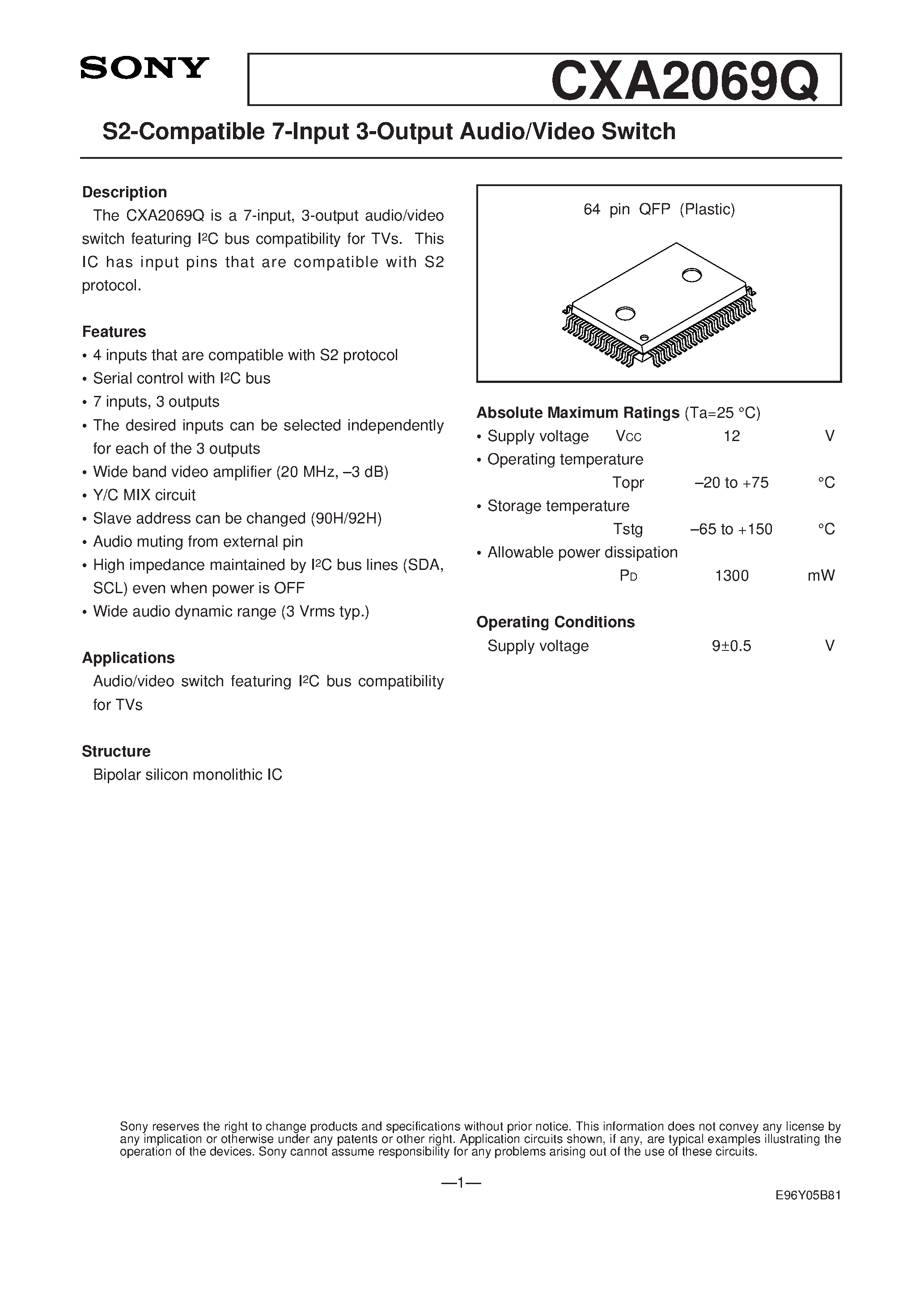 Datasheet CXA2069Q - S2-Compatible 7-Input 3-Output Audio/Video Switch page 1