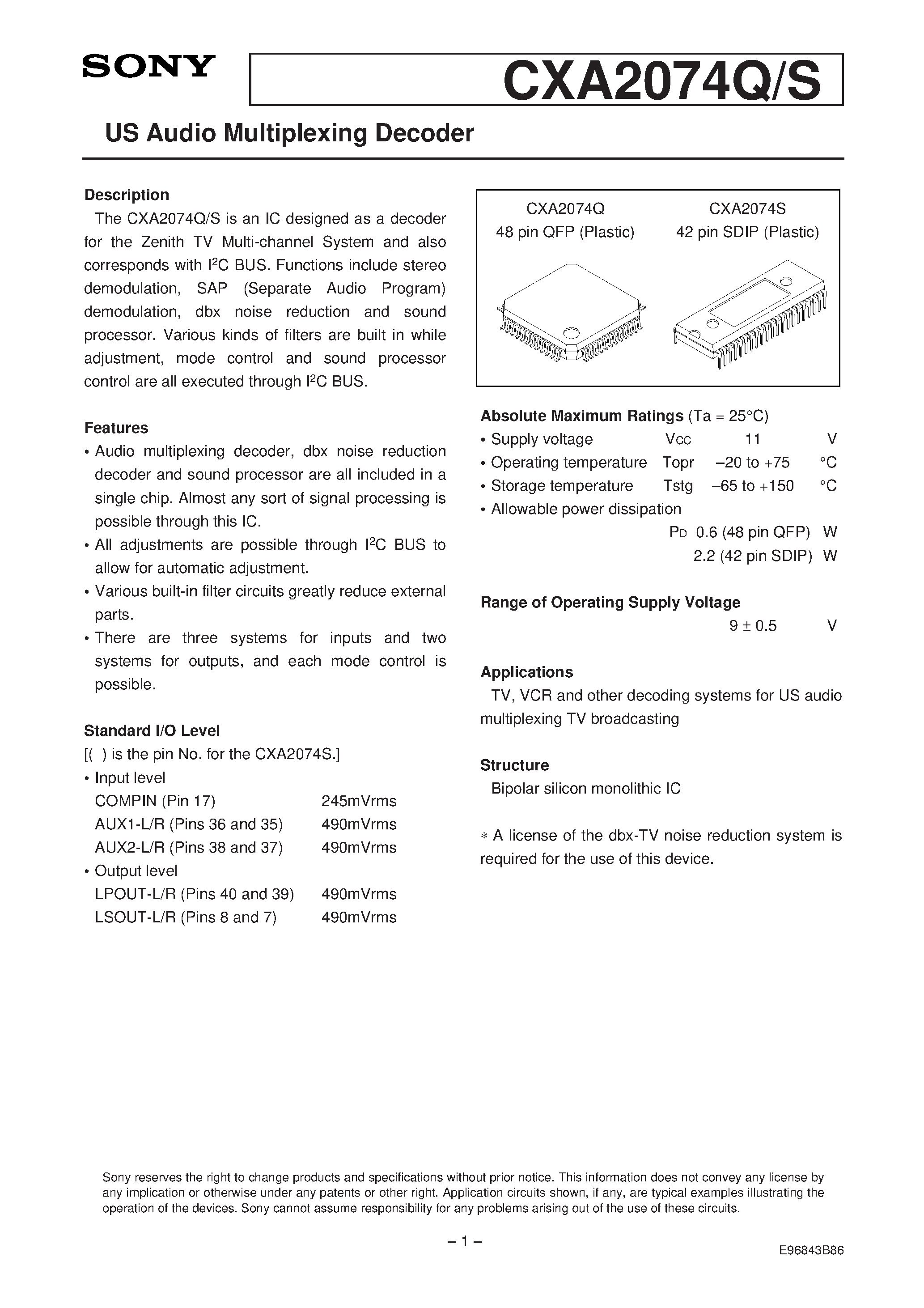 Datasheet CXA2074Q - US Audio Multiplexing Decoder page 1