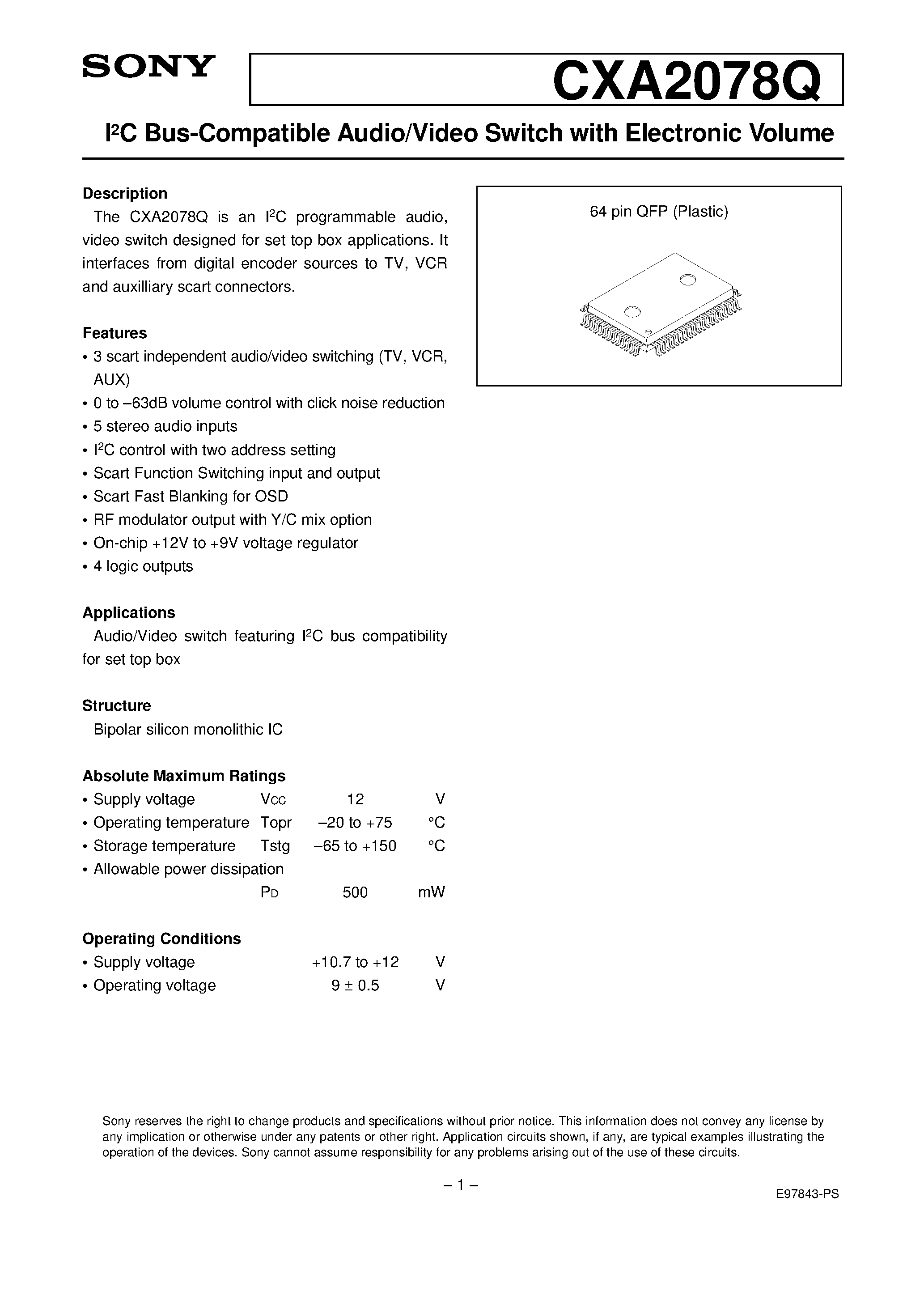 Datasheet CXA2078Q - I2C Bus-Compatible Audio/Video Switch with Electronic Volume page 1