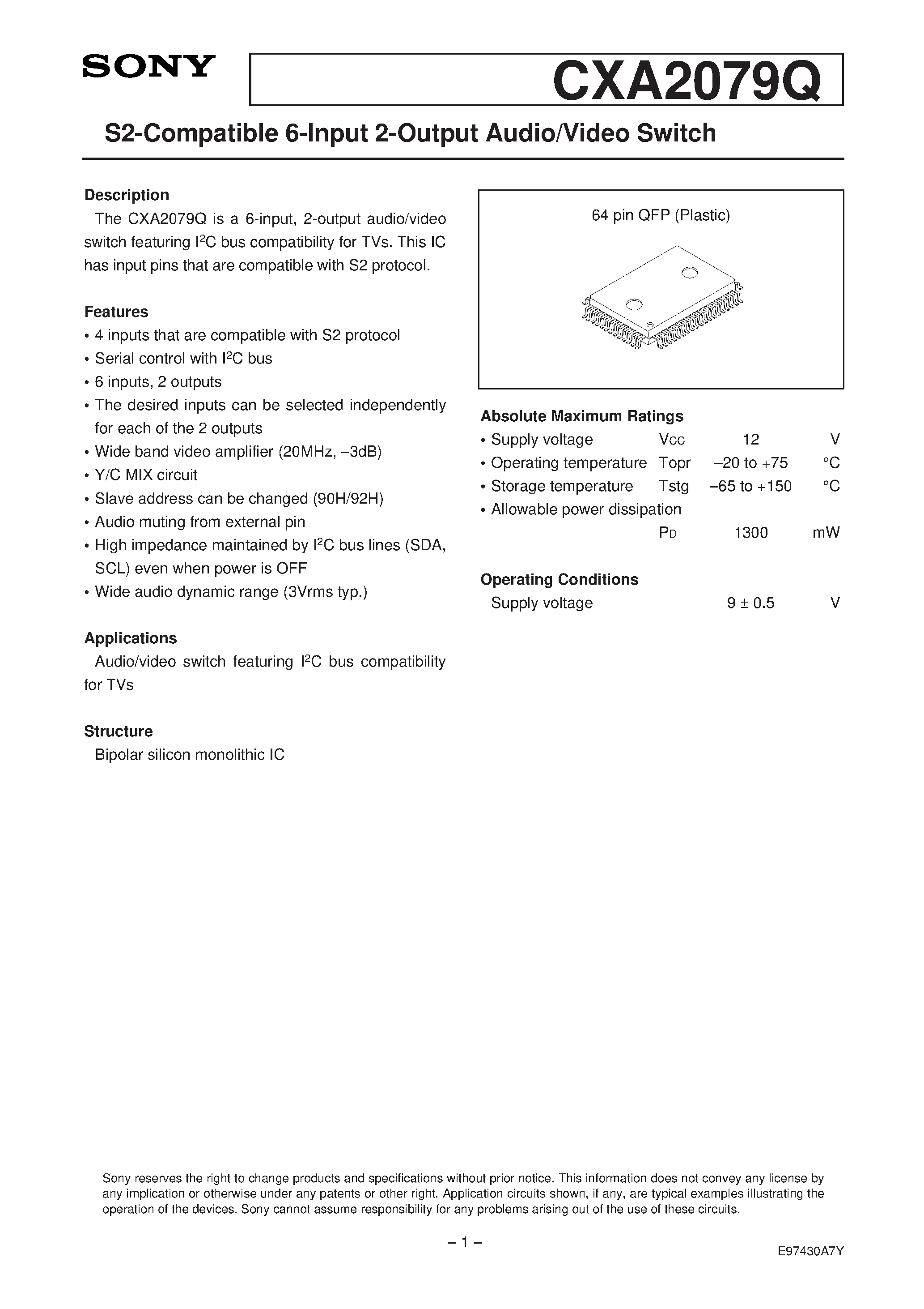 Datasheet CXA2079Q - S2-Compatible 6-Input 2-Output Audio/Video Switch page 1