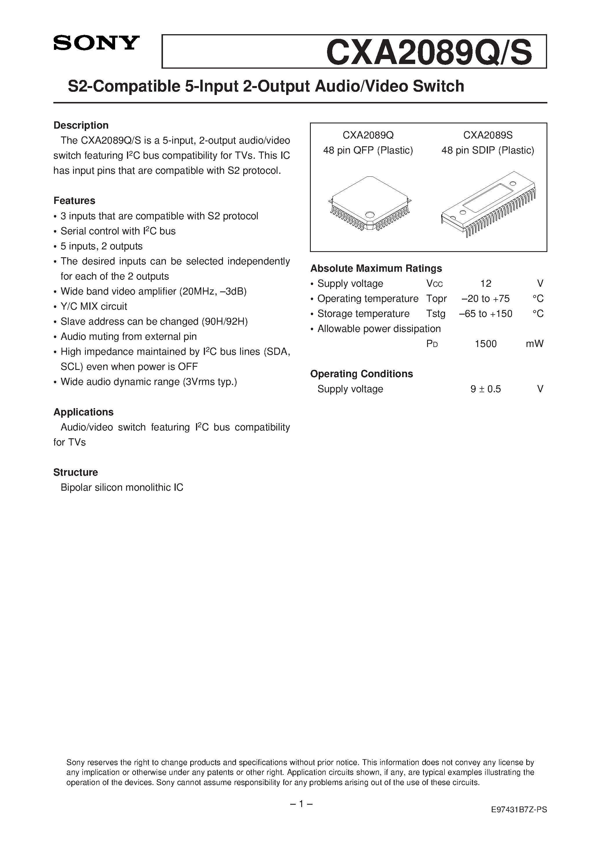 Datasheet CXA2089 - S2-Compatible 5-Input 2-Output Audio/Video Switch page 1