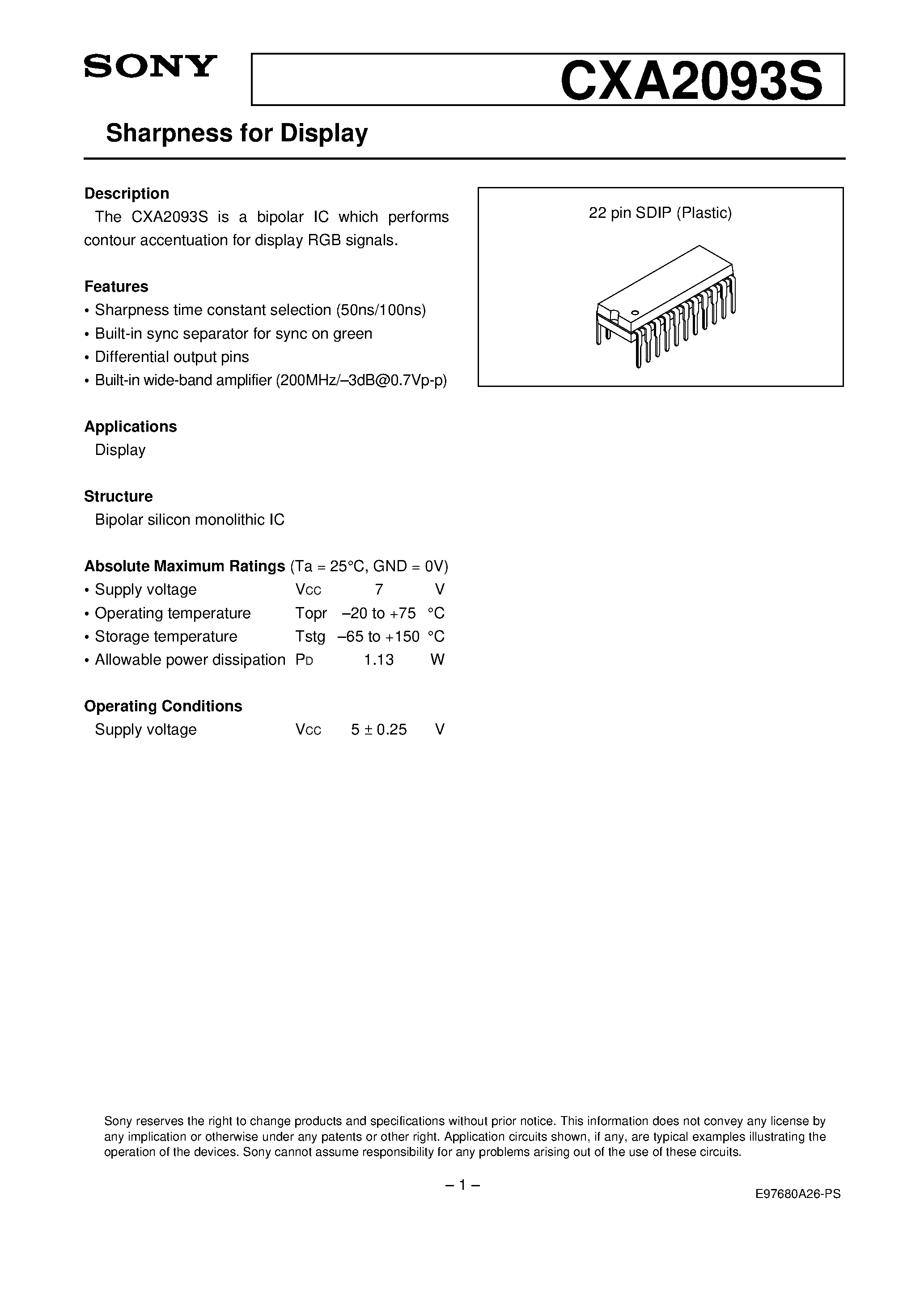 Datasheet CXA2093 - Sharpness for Display page 1