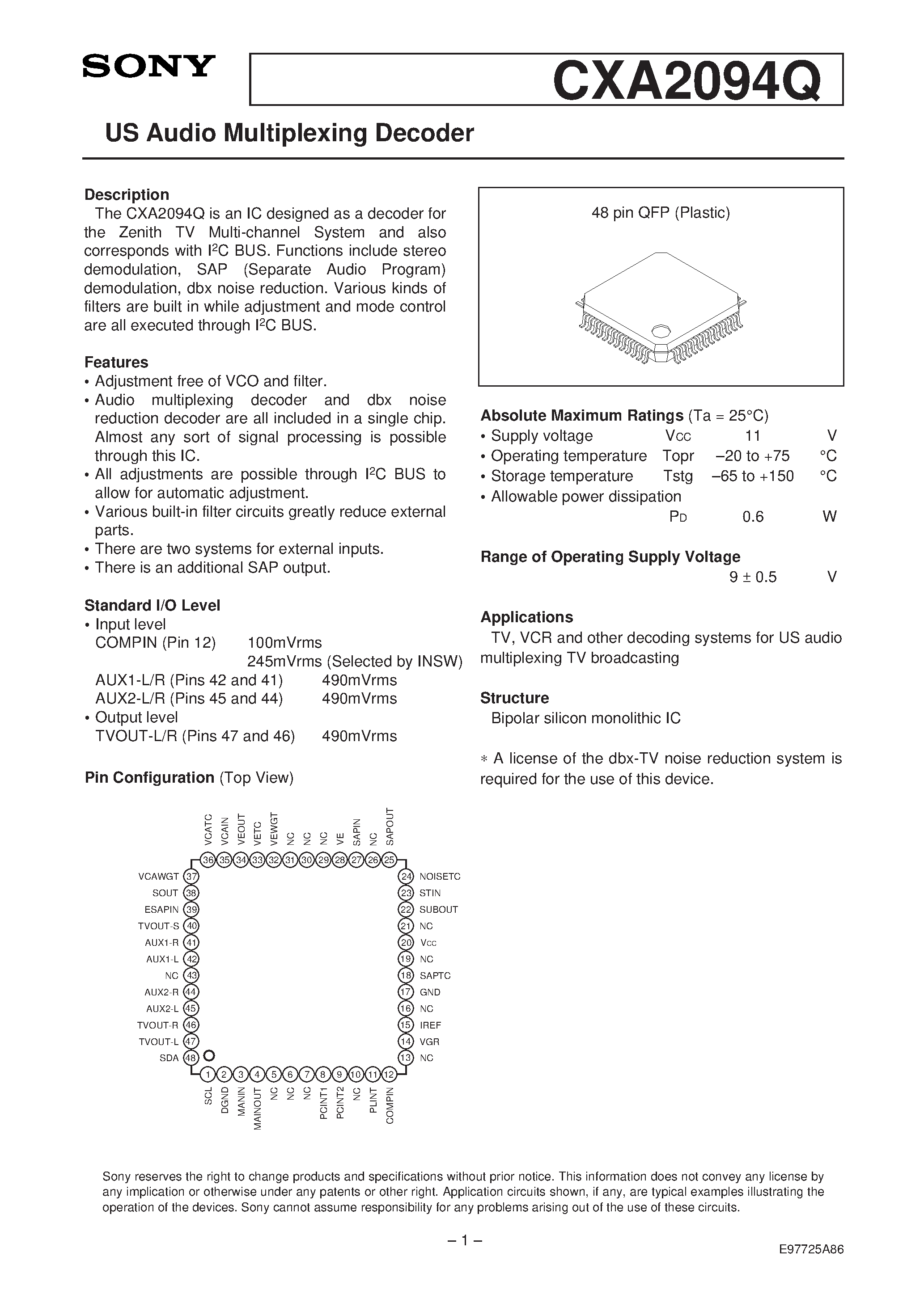 Datasheet CXA2094 - US Audio Multiplexing Decoder page 1