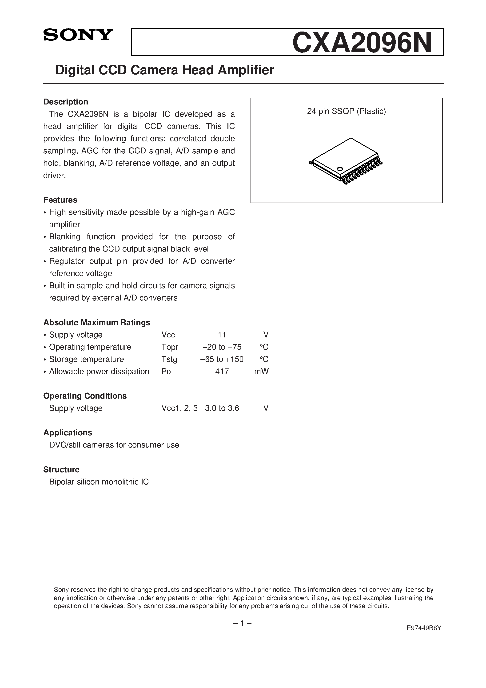 Datasheet CXA2096 - Digital CCD Camera Head Amplifier page 1