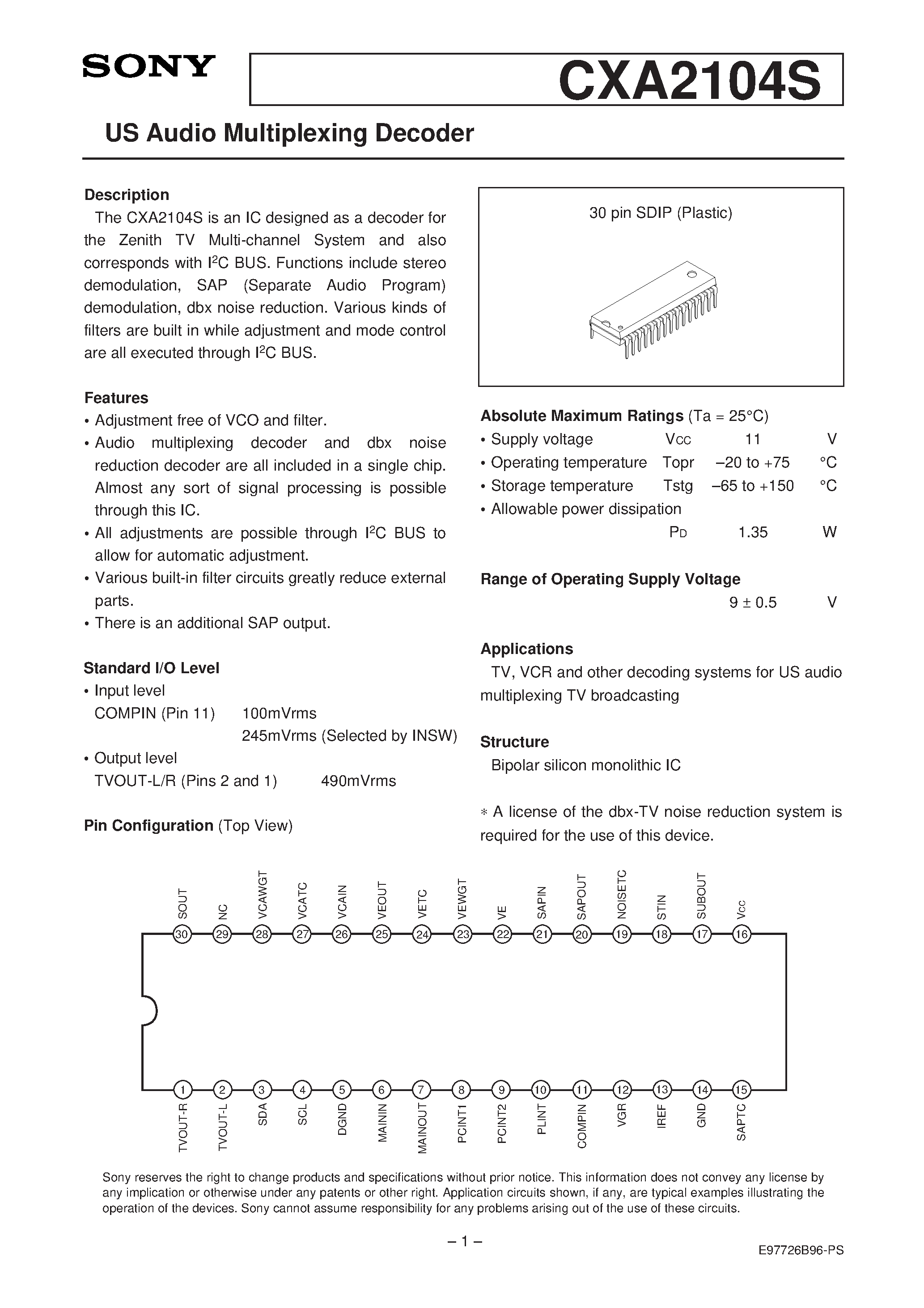 Datasheet CXA2104S - US Audio Multiplexing Decoder page 1