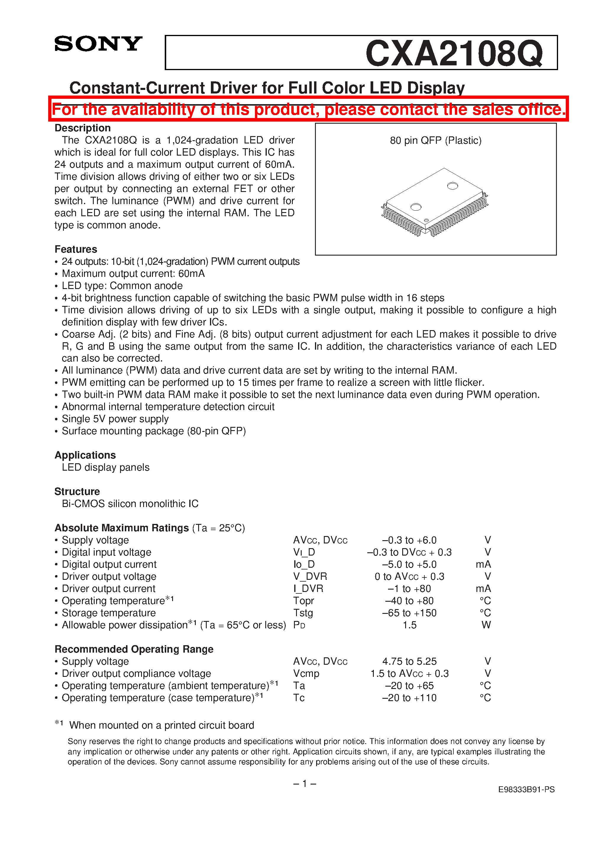 Datasheet CXA2108 - Constant-Current Driver for Full Color LED Display page 1