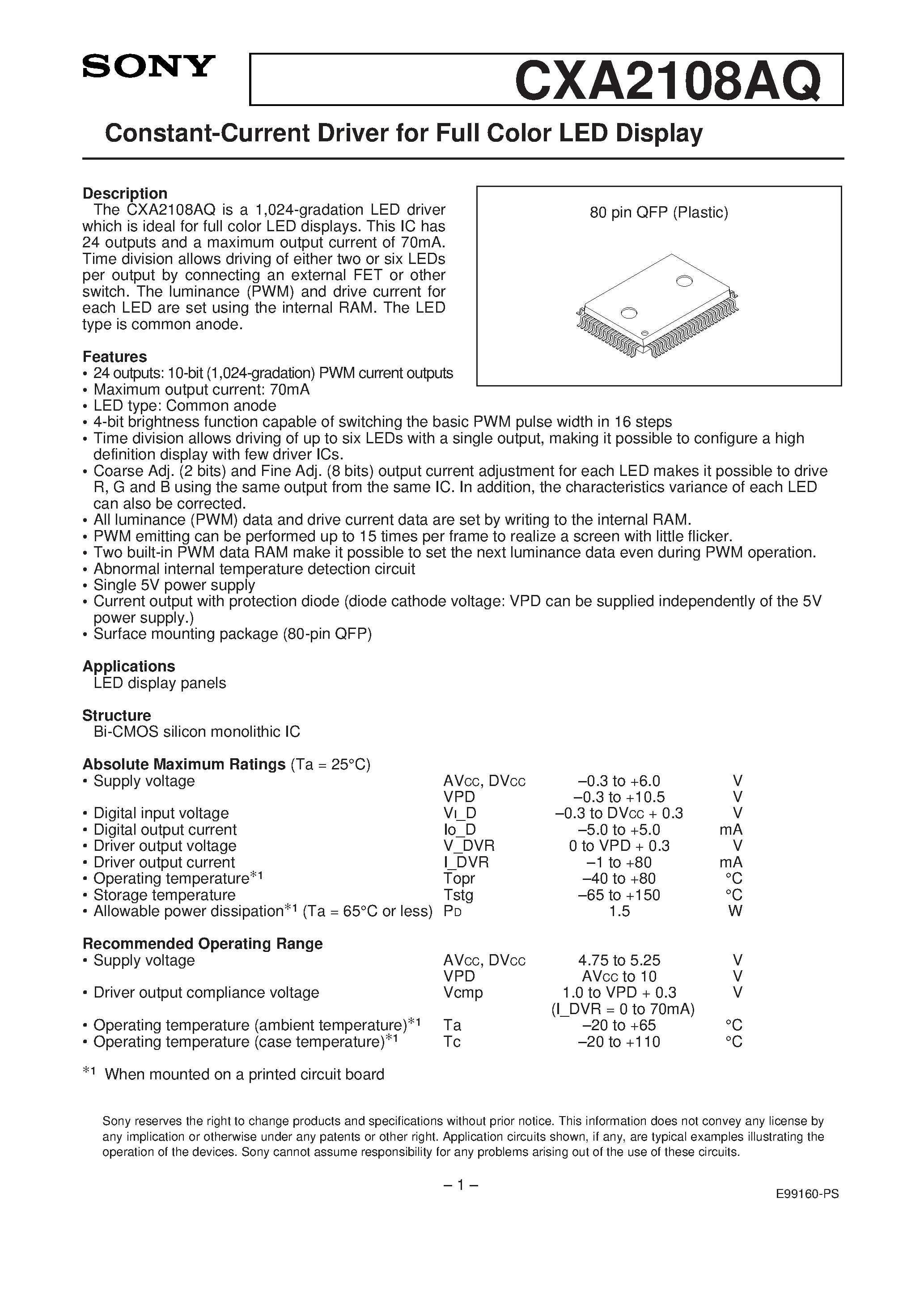 Datasheet CXA2108AQ - Constant-Current Driver for Full Color LED Display page 1