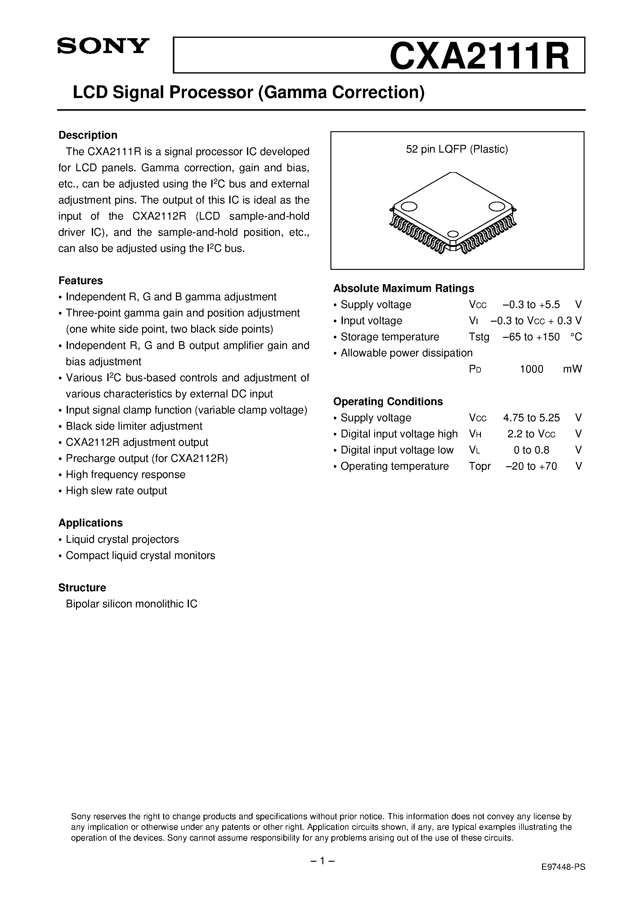 Datasheet CXA2111R - LCD Signal Processor (Gamma Correction) page 1