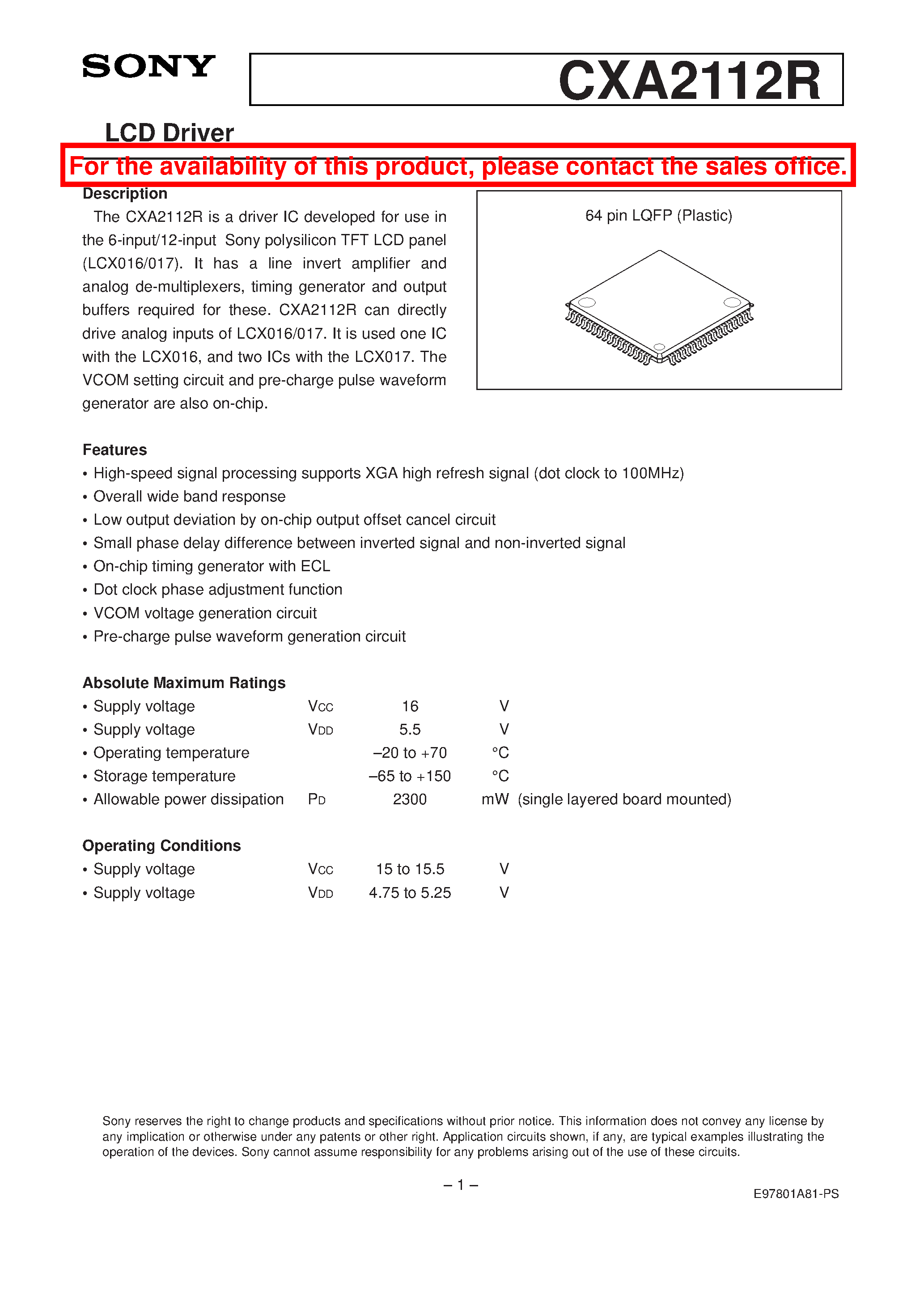 Datasheet CXA2112 - LCD Driver page 1