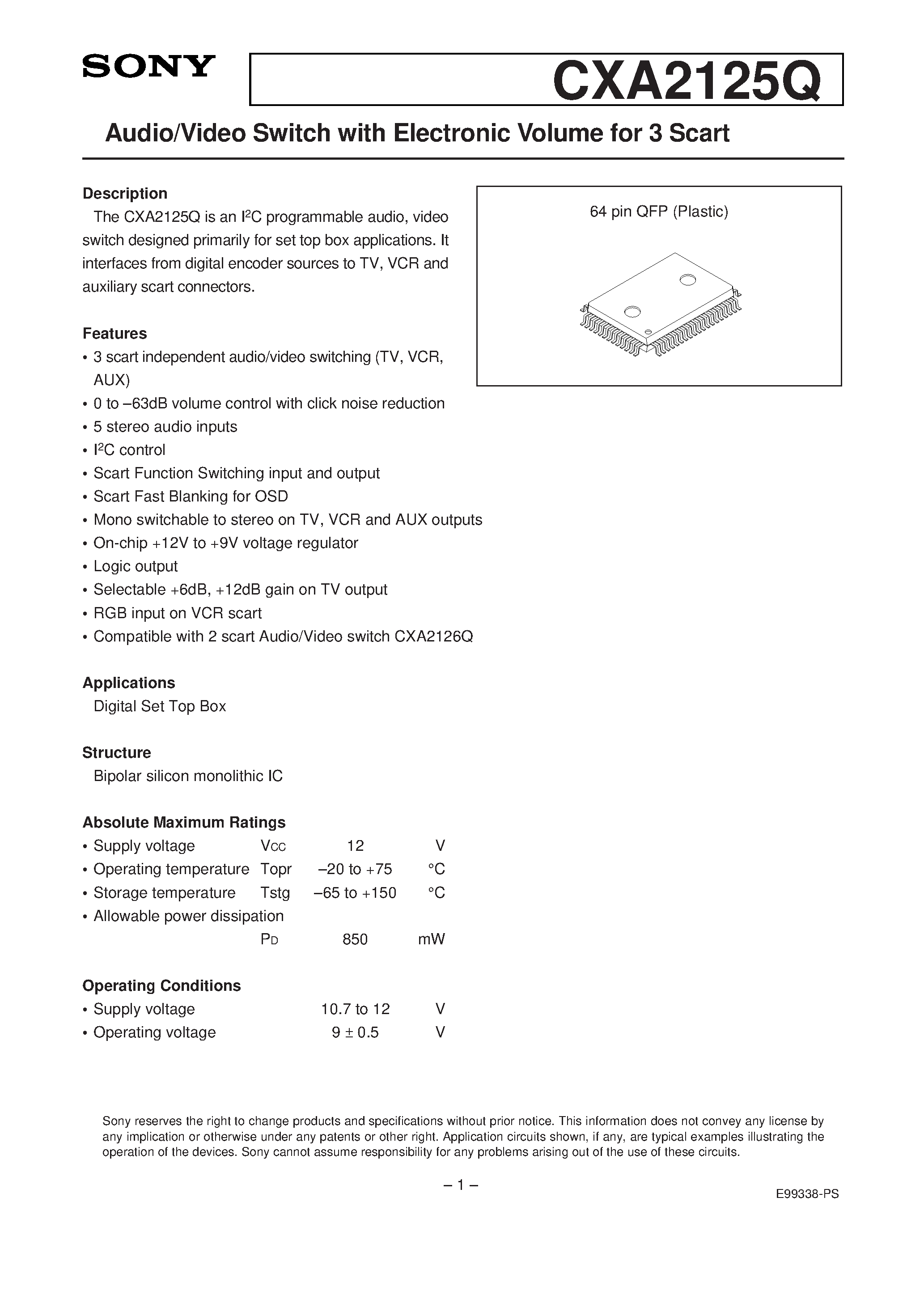 Datasheet CXA2125Q - Audio/Video Switch with Electronic Volume for 3 Scart page 1