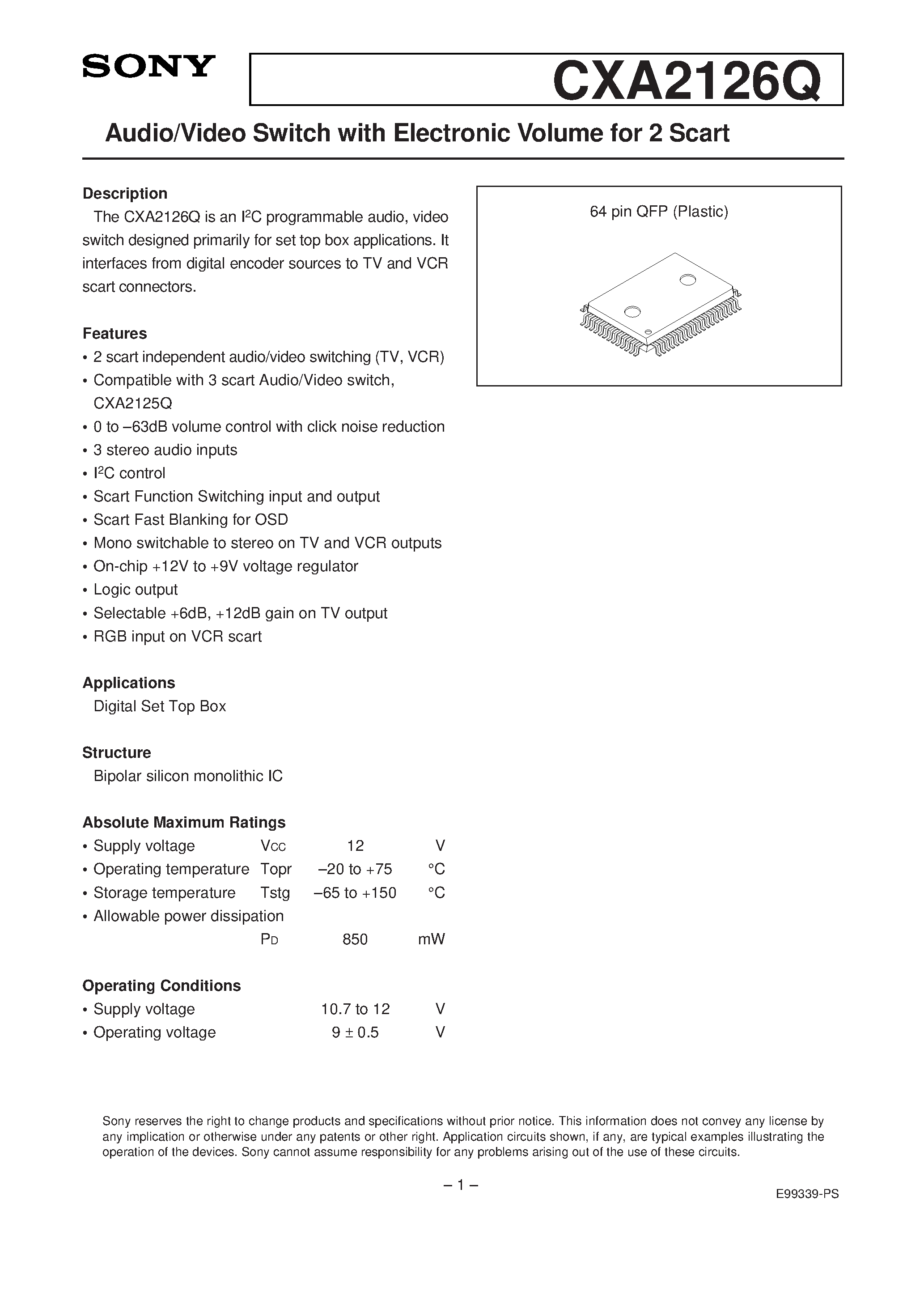 Datasheet CXA2126 - Audio/Video Switch with Electronic Volume for 2 Scart page 1