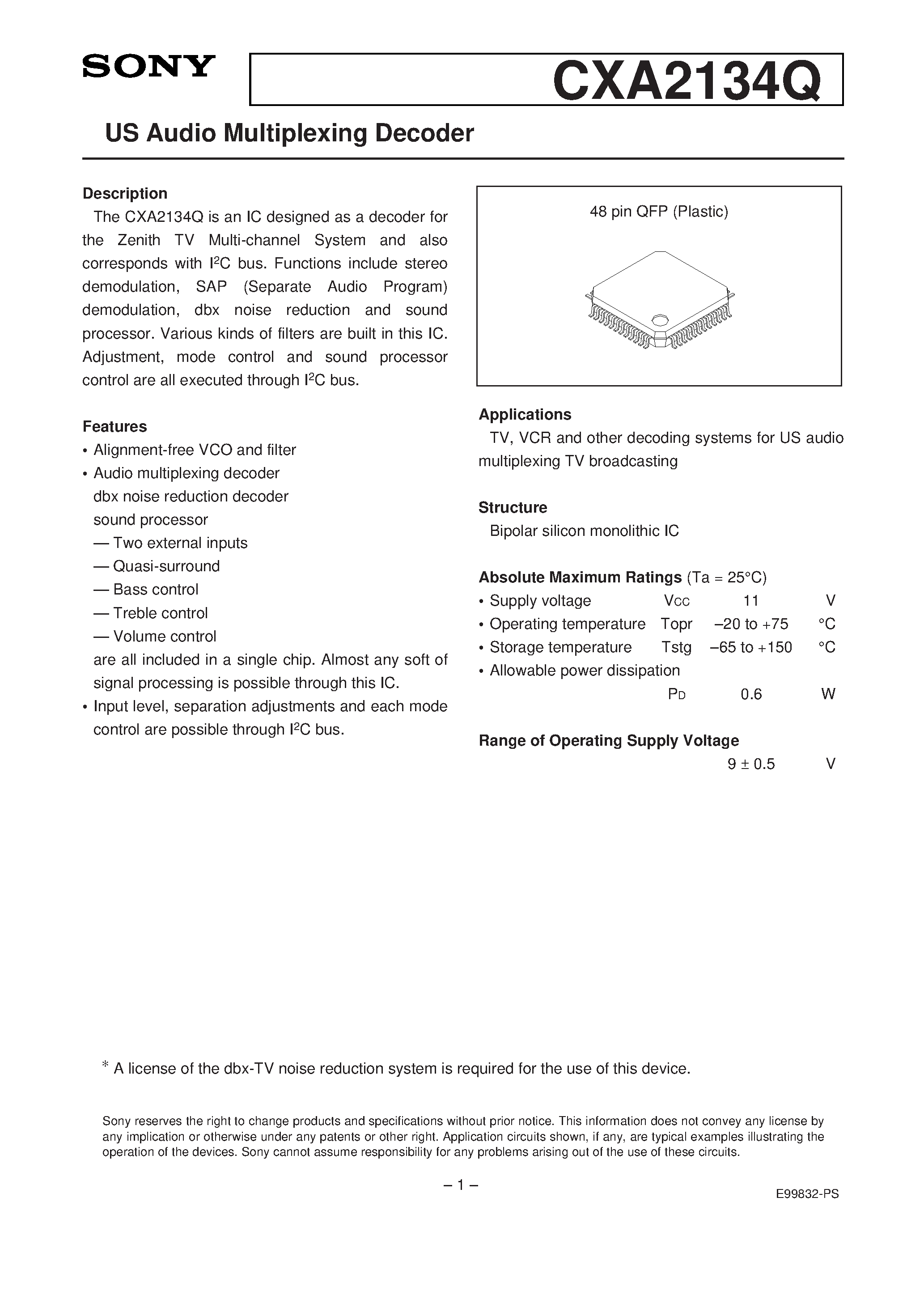 Datasheet CXA2134Q - US Audio Multiplexing Decoder page 1