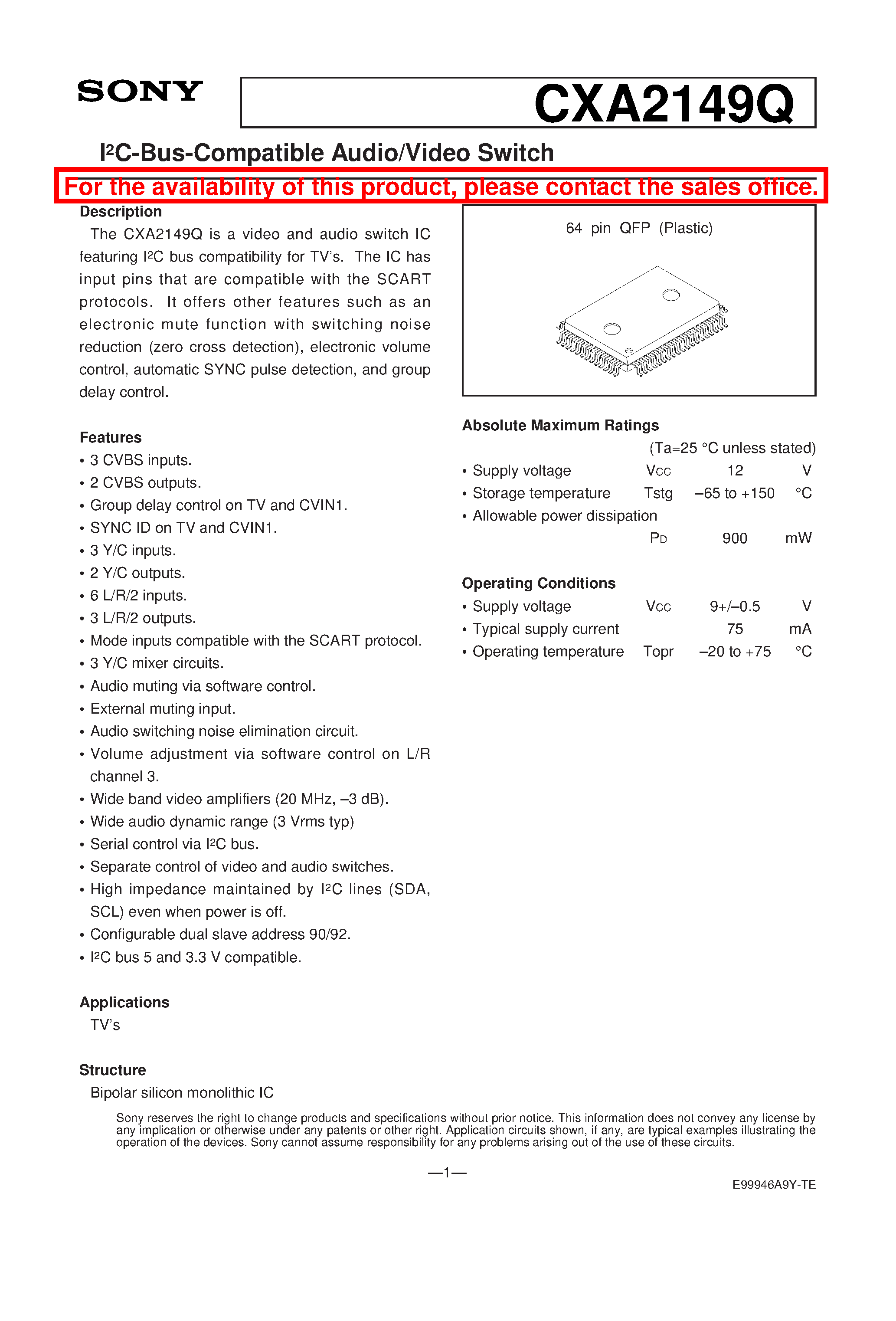 Datasheet CXA2149 - US Audio Multiplexing Decoder page 1