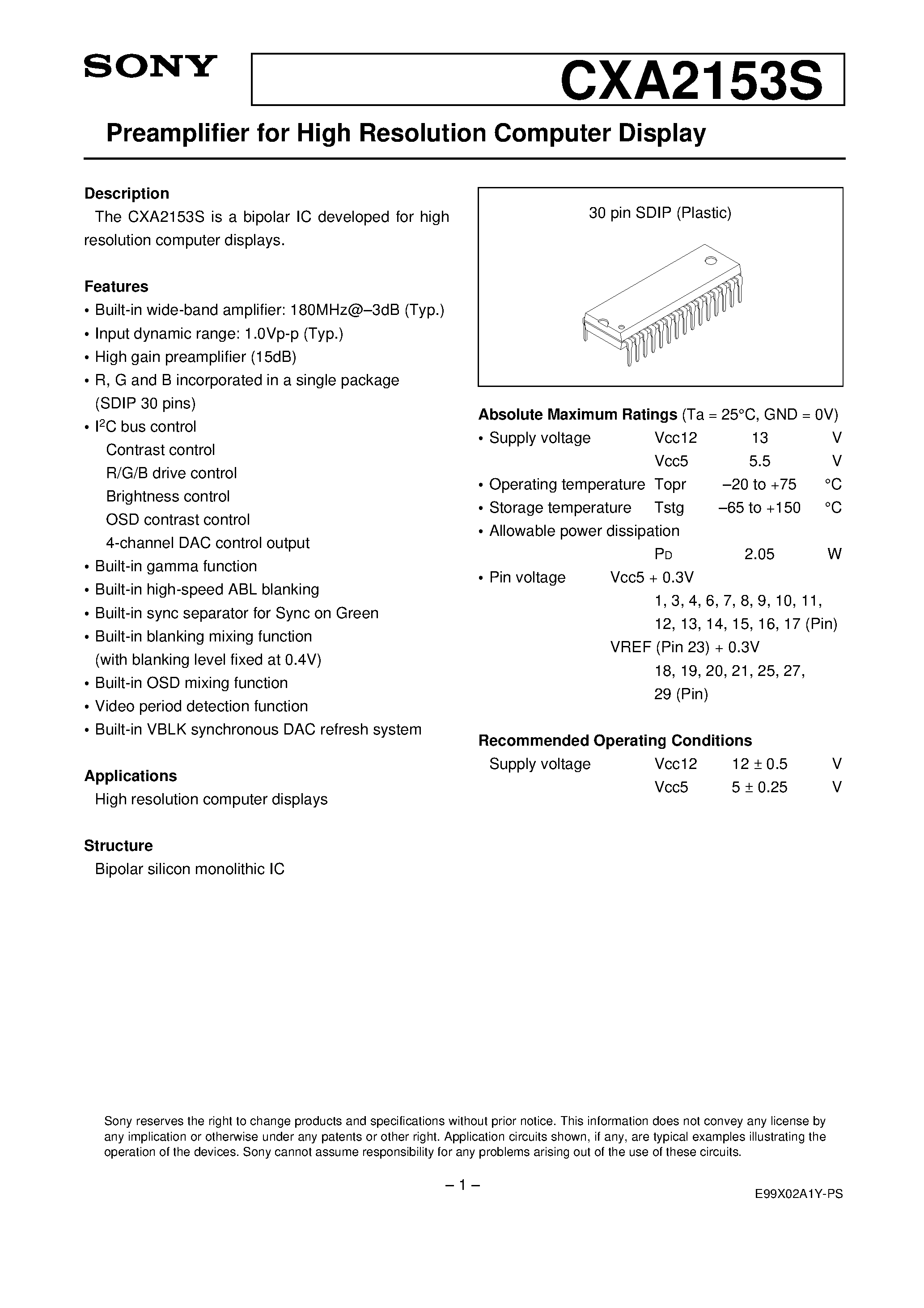 Datasheet CXA2153 - Preamplifier for High Resolution Computer Display page 1