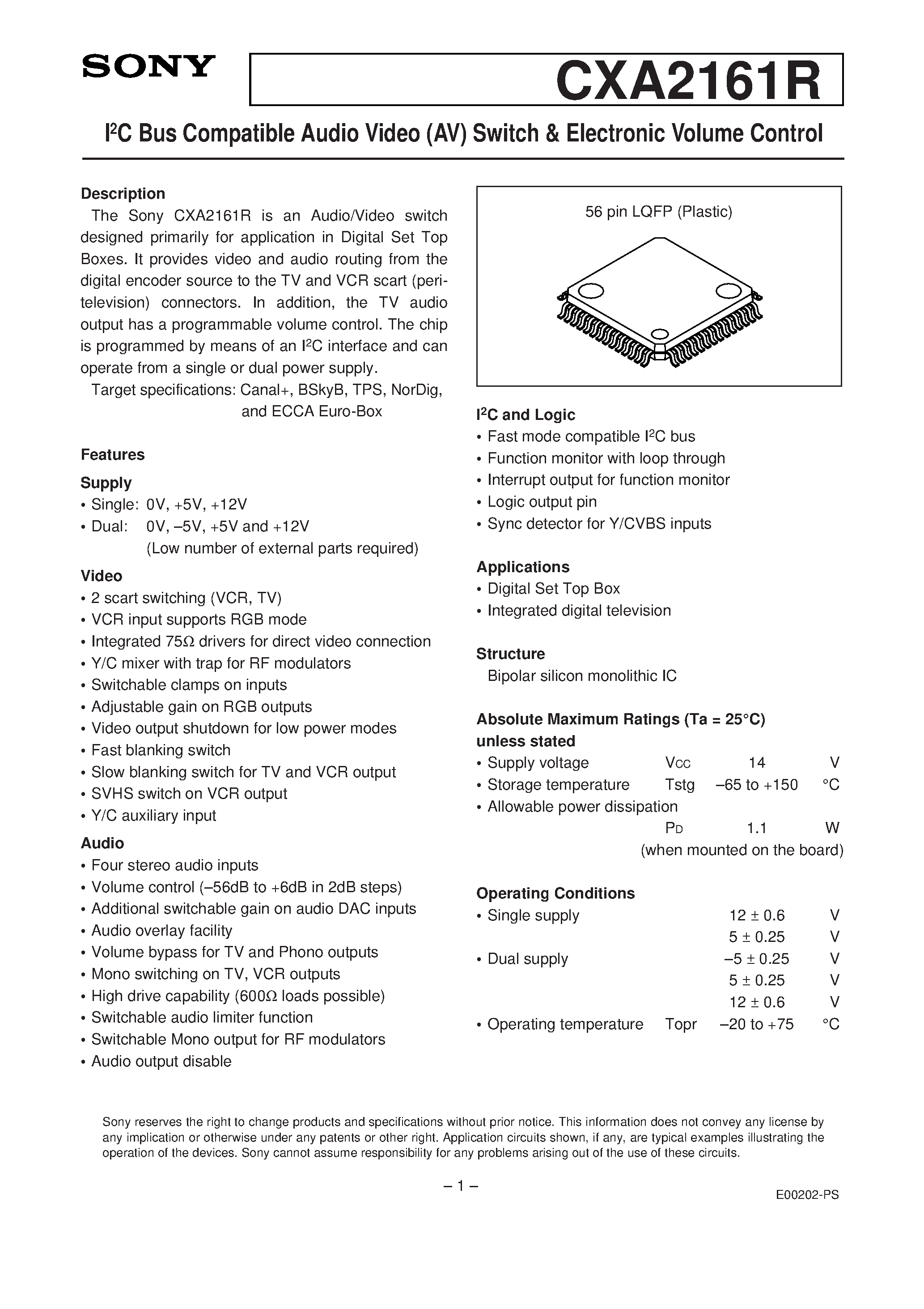 Datasheet CXA2161R - I2C Bus Compatible Audio Video (AV) Switch & Electronic Volume Control page 1