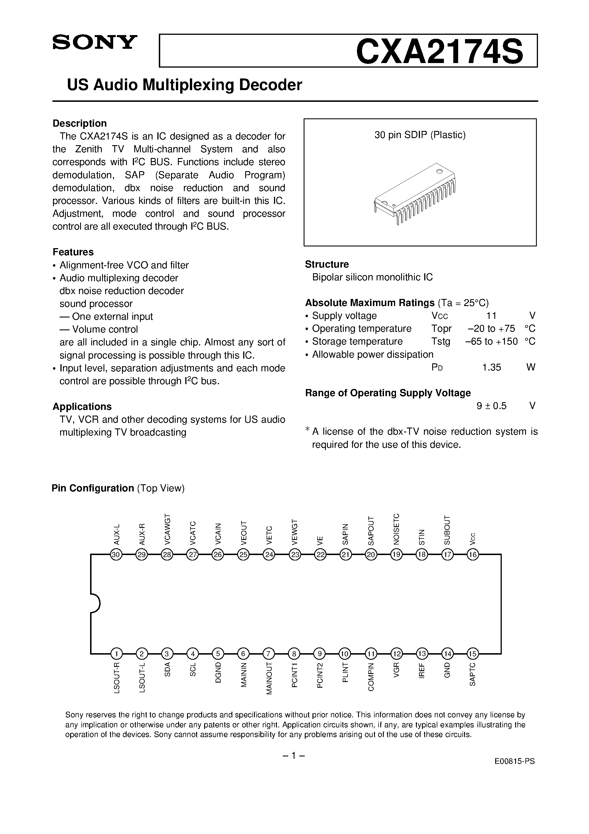 Datasheet CXA2174 - US Audio Multiplexing Decoder page 1