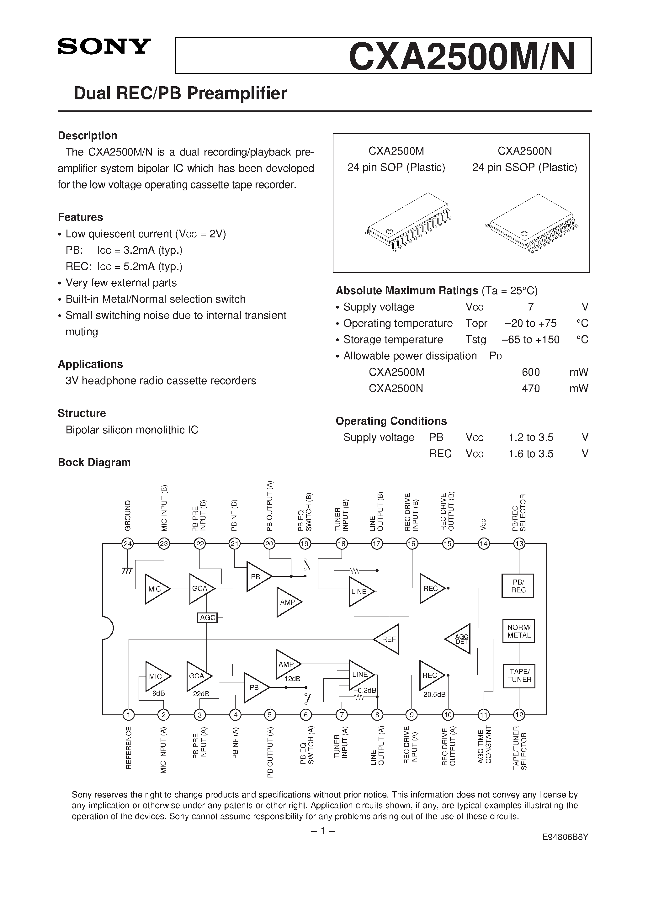 Datasheet CXA2500 - Dual REC/PB Preamplifier page 1