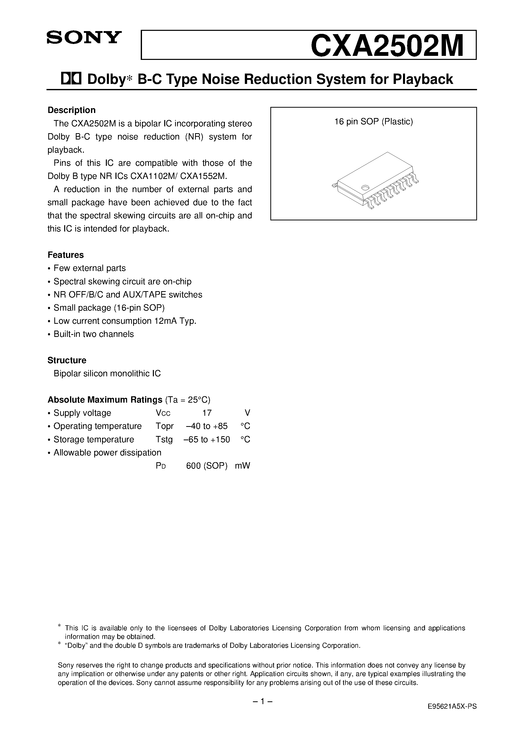 Datasheet CXA2502 - Dolby B-C Type Noise Reduction System for Playback page 1