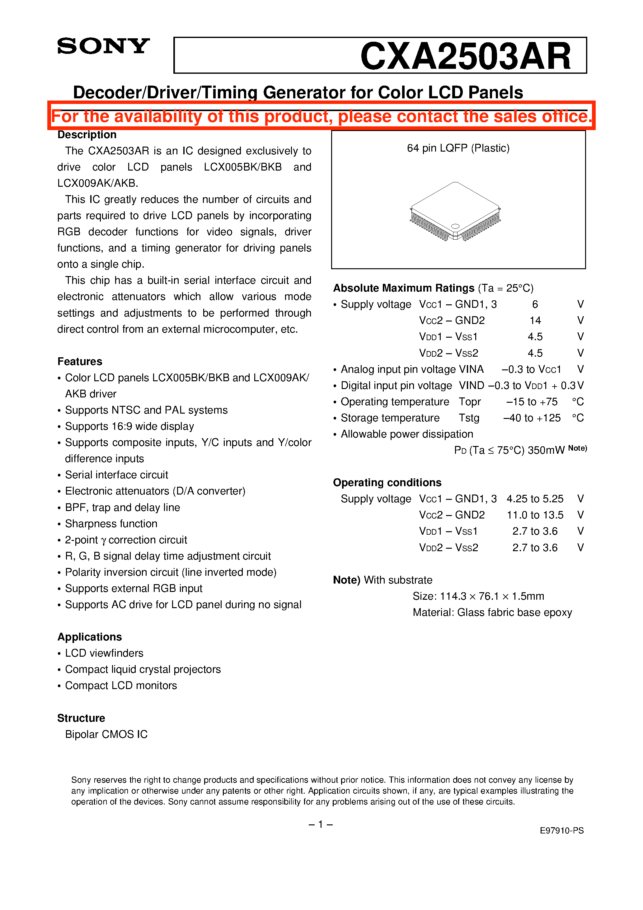 Datasheet CXA2503 - Decoder/Driver/Timing Generator for Color LCD Panels page 1