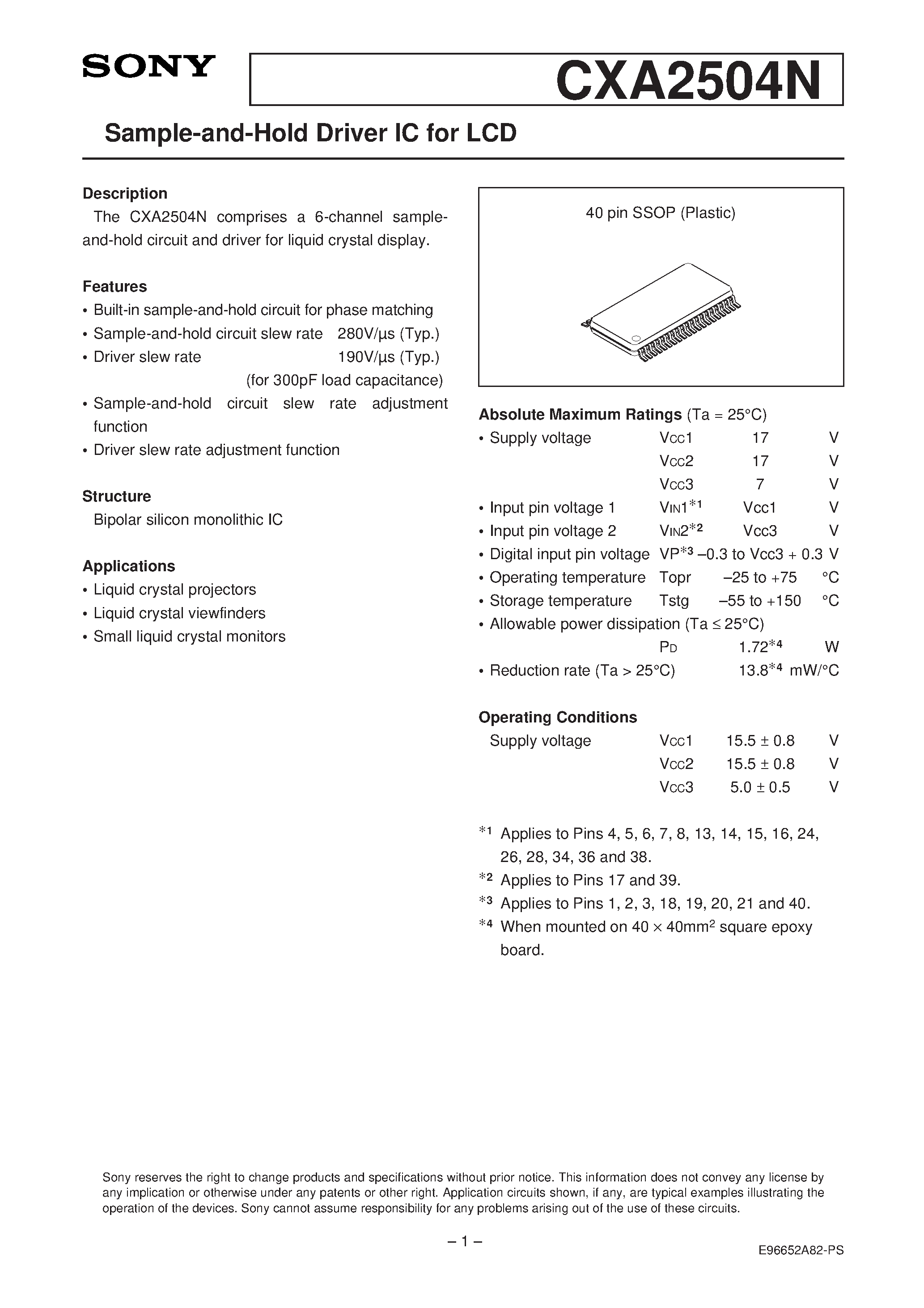 Datasheet CXA2504 - Sample-and-Hold Driver IC for LCD page 1