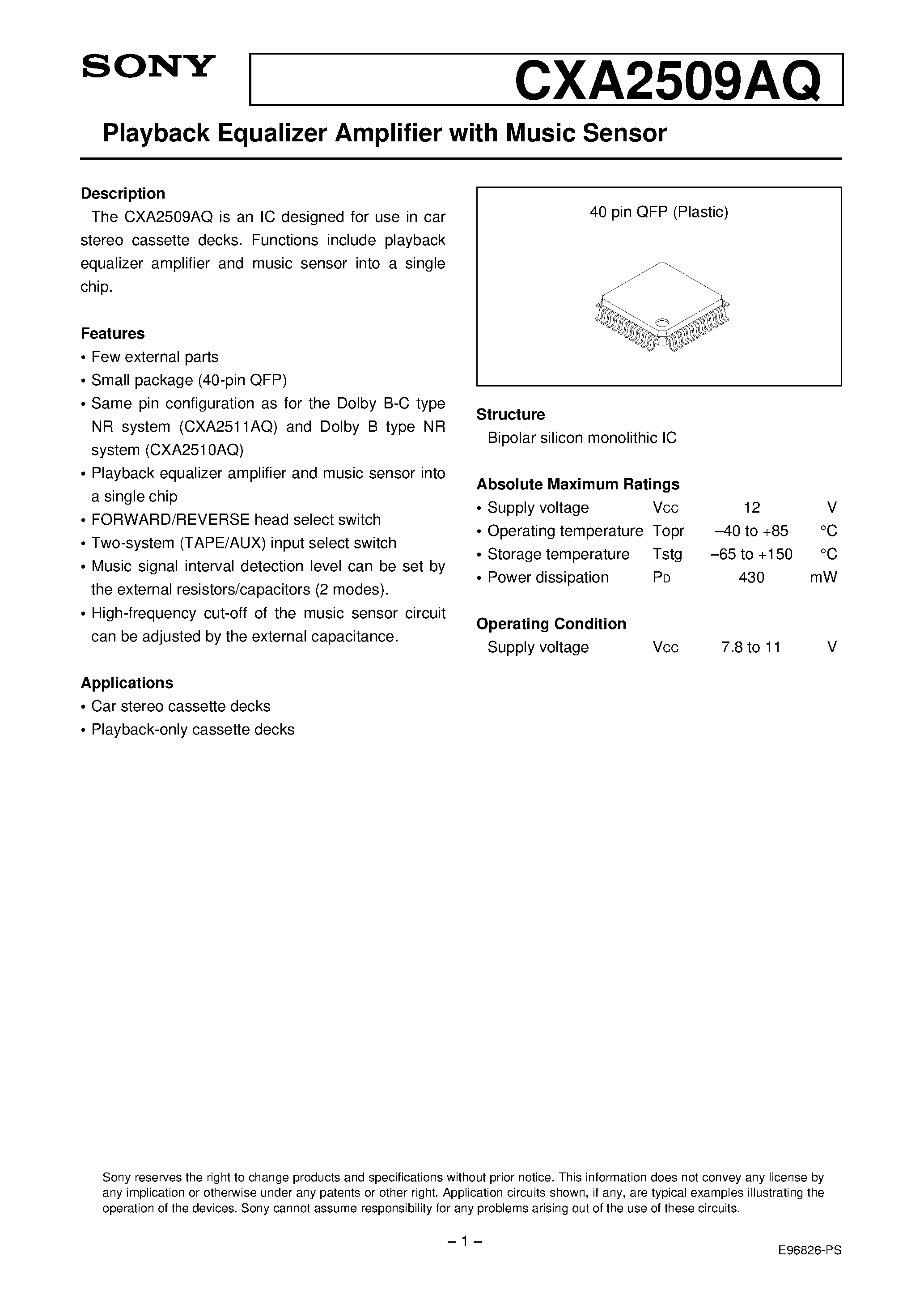 Datasheet CXA2509 - Playback Equalizer Amplifier with Music Sensor page 1