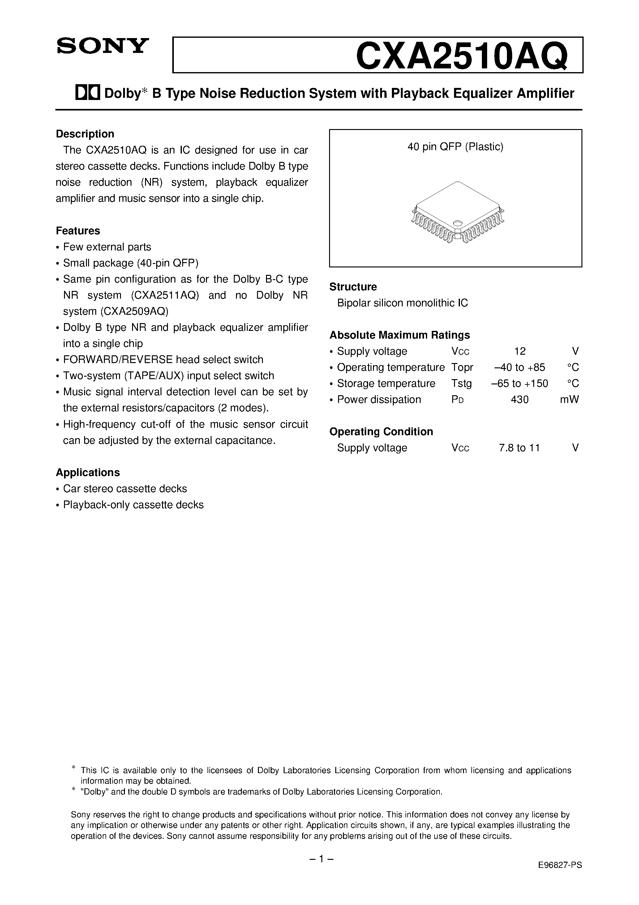 Datasheet CXA2510AQ - Dolby B Type Noise Reduction System with Playback Equalizer Amplifier page 1