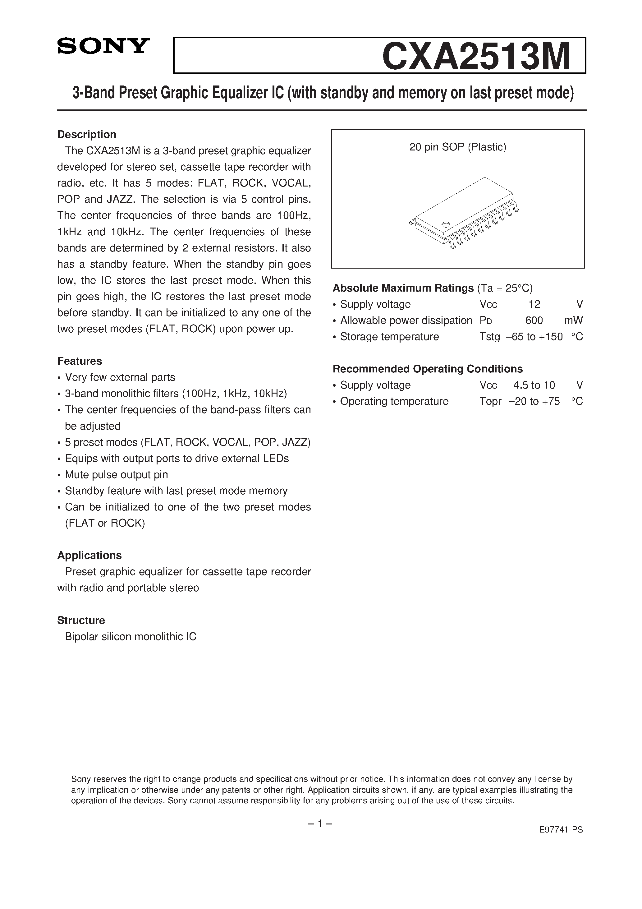 Datasheet CXA2513M - 3-Band Preset Graphic Equalizer IC (with standby and memory on last preset mode) page 1