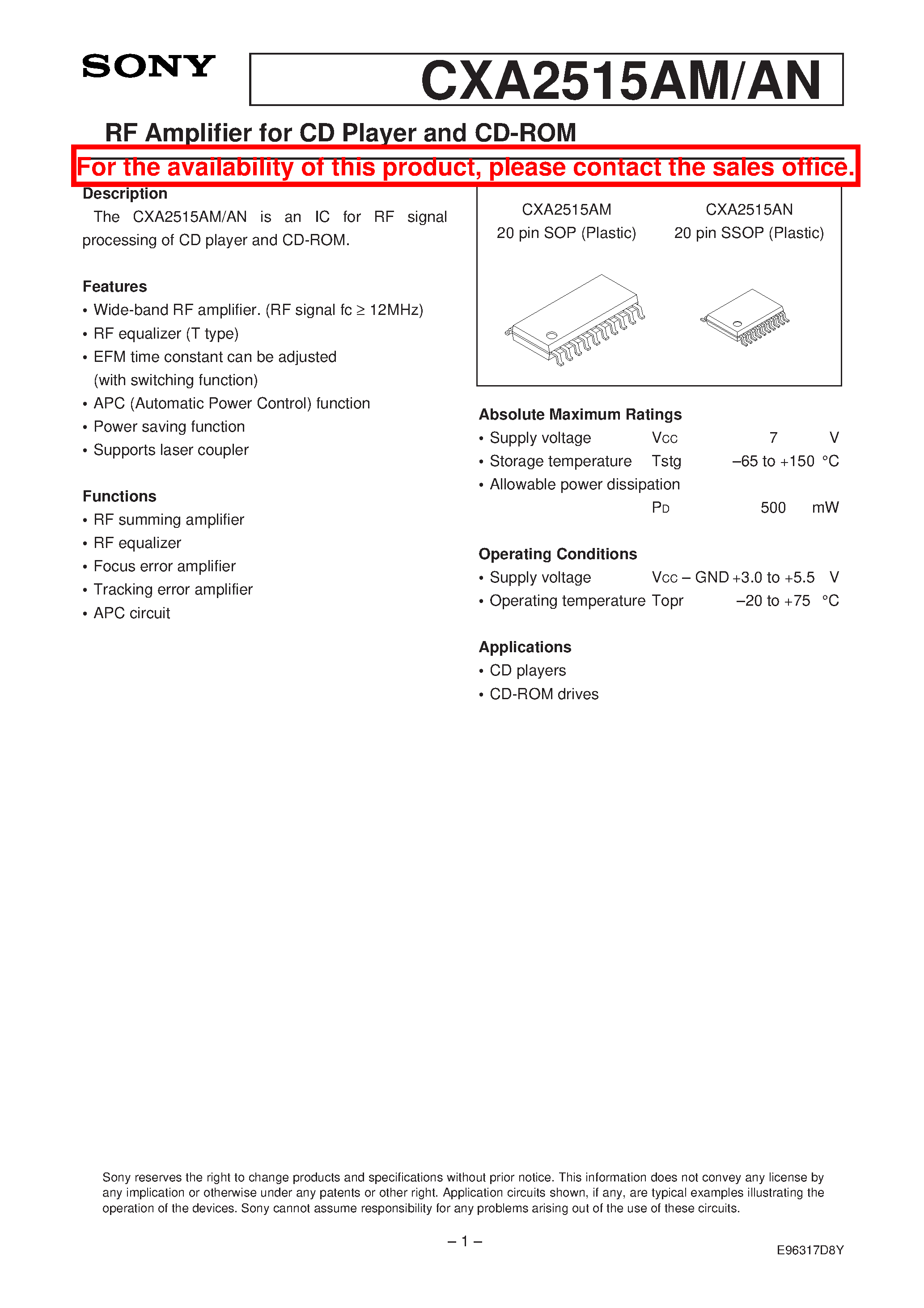 Datasheet CXA2515AM - RF Amplifier for CD Player and CD-ROM page 1